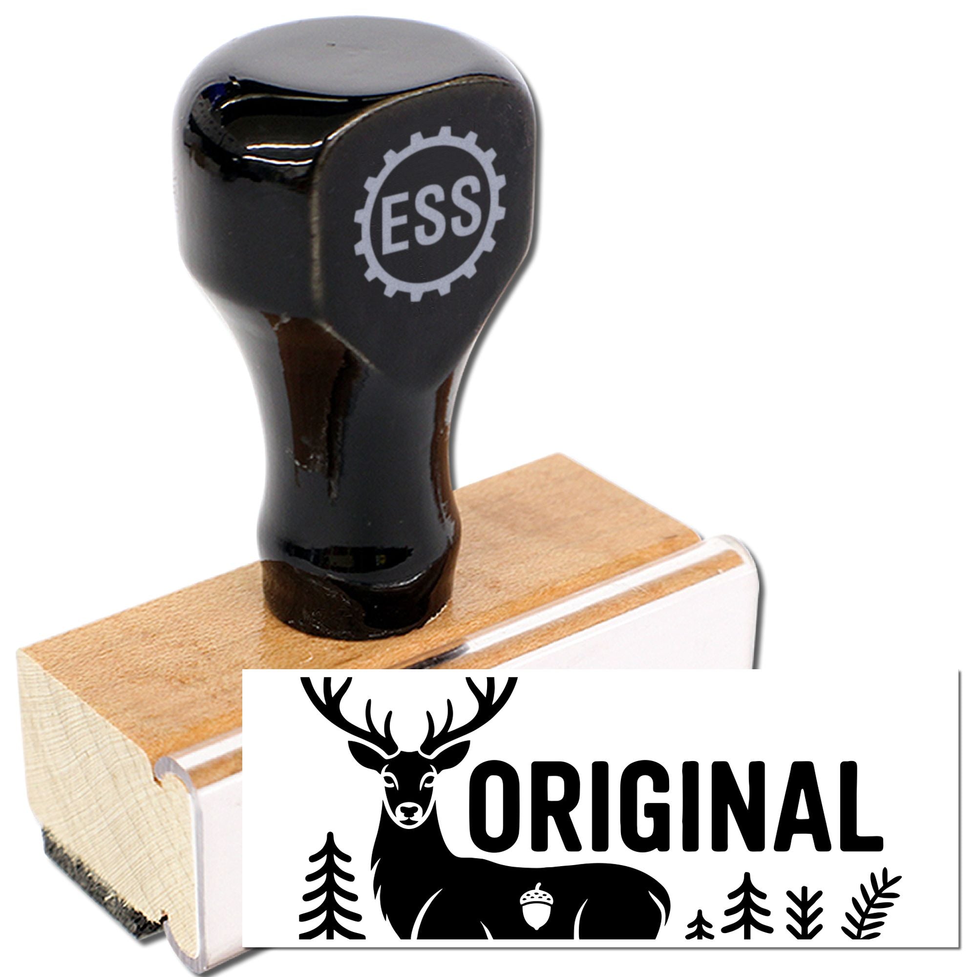 Glossy black custom stamp on tan wood, with white deer-themed ORIGINAL seal design