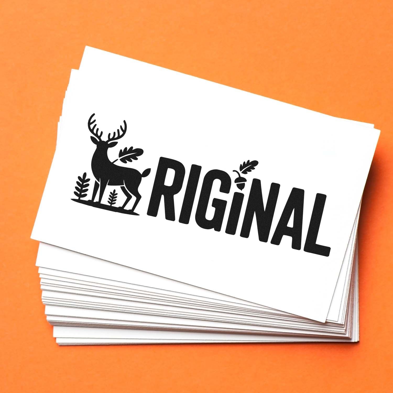 Stacked white stamp and seal cards with black deer logo and bold RIGINAL text on an orange background.