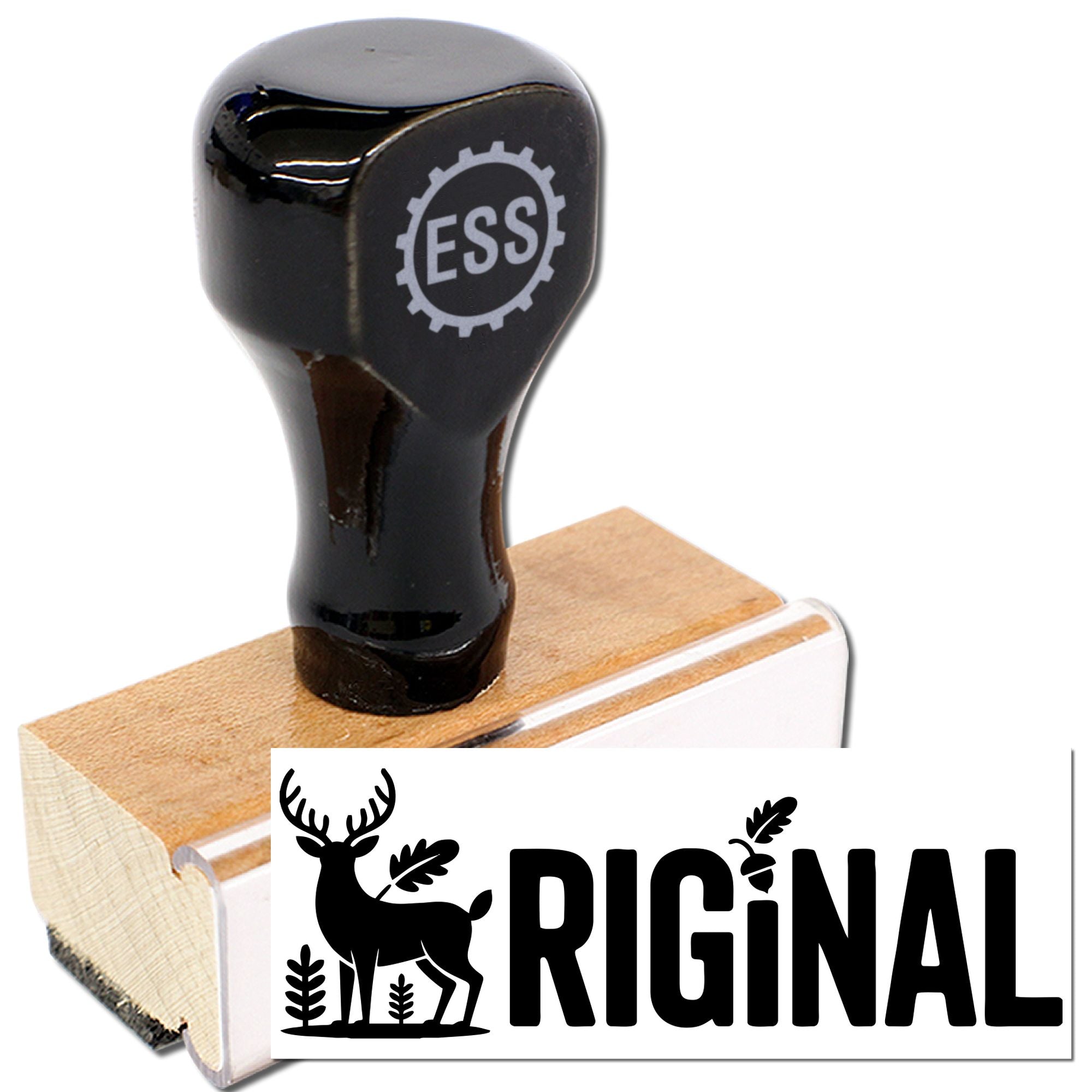 Black rubber stamp and wooden seal block with ESS gear logo and RIGINAL branding on white background