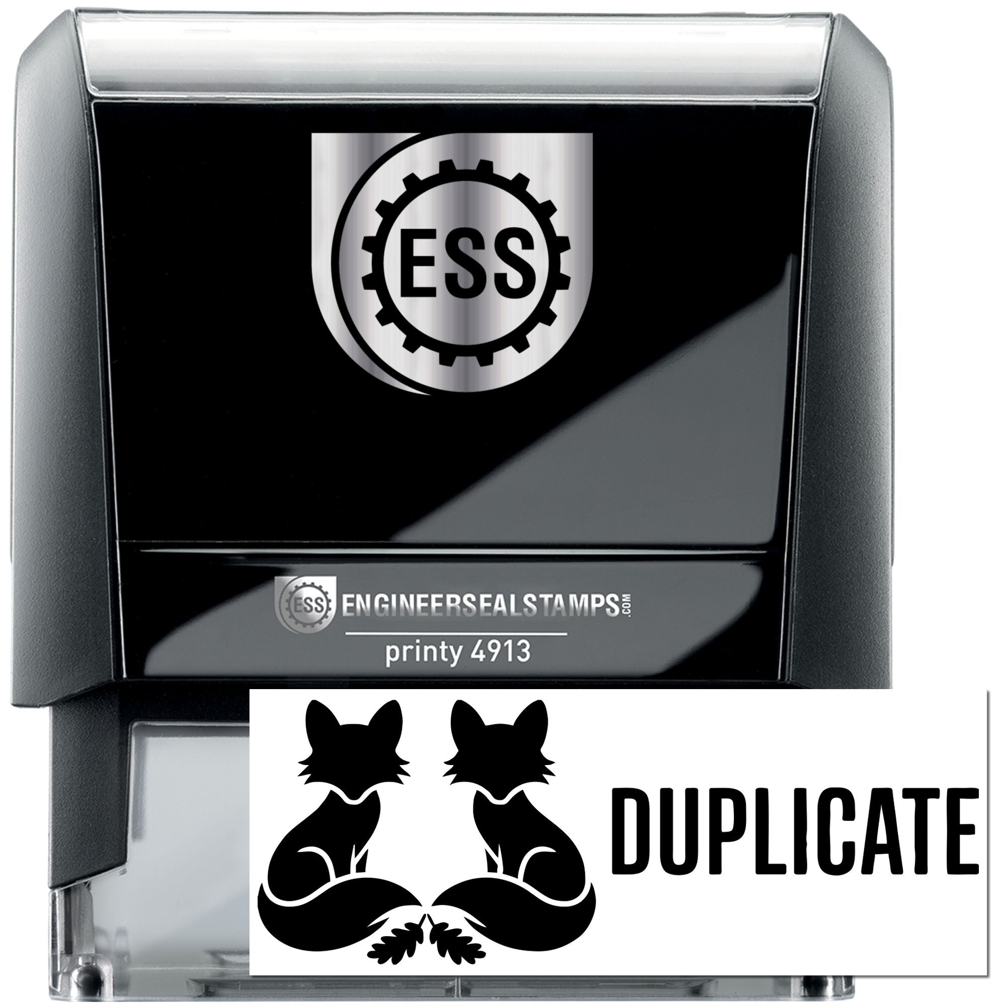 Black and silver ESS self-inking stamp and duplicate seal with cat silhouettes and bold DUPLICATE text.