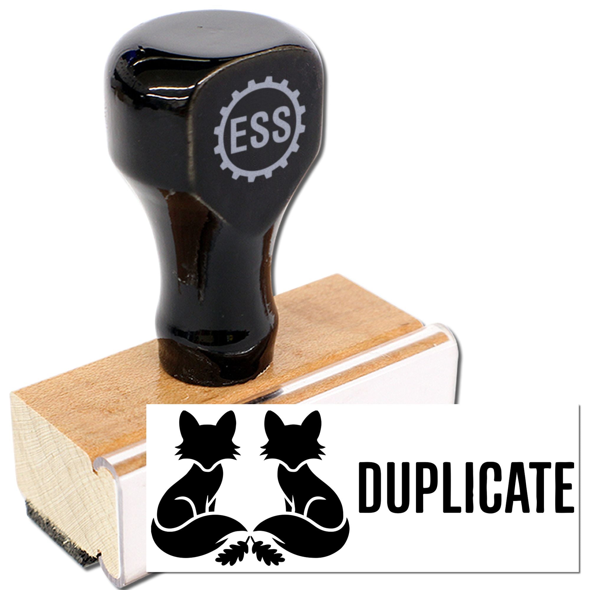 Black rubber stamp seal with wooden base, showing twin fox icons and bold DUPLICATE text.