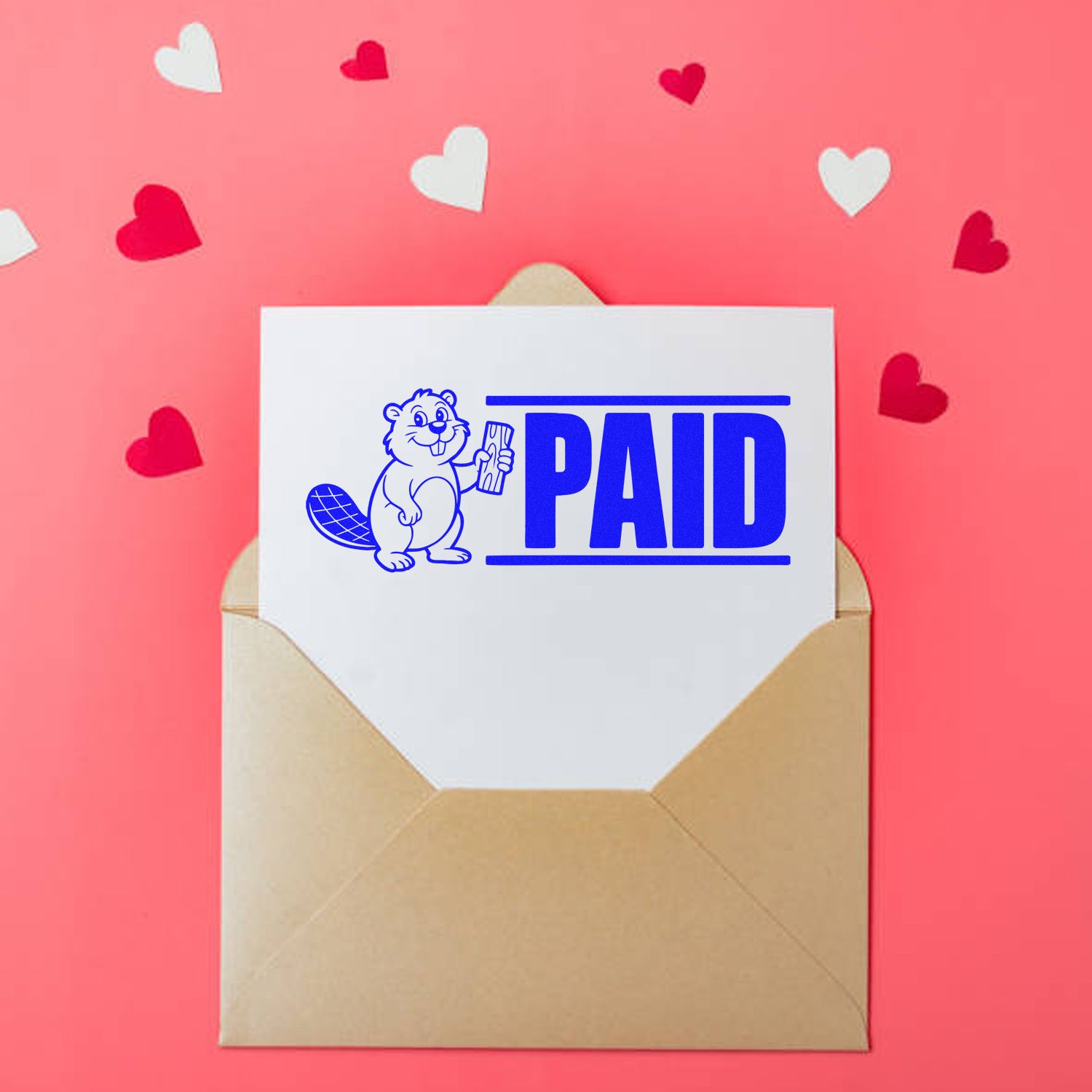 Blue PAID stamp and beaver seal on white card in tan envelope, pink background with red and white hearts.