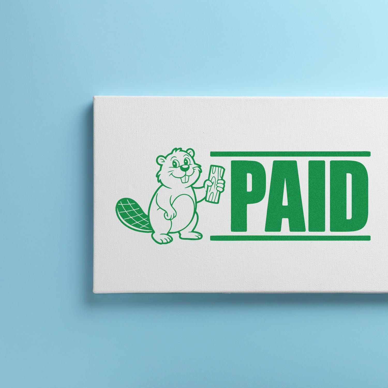 Green PAID stamp and beaver seal logo on a white box with a light blue background