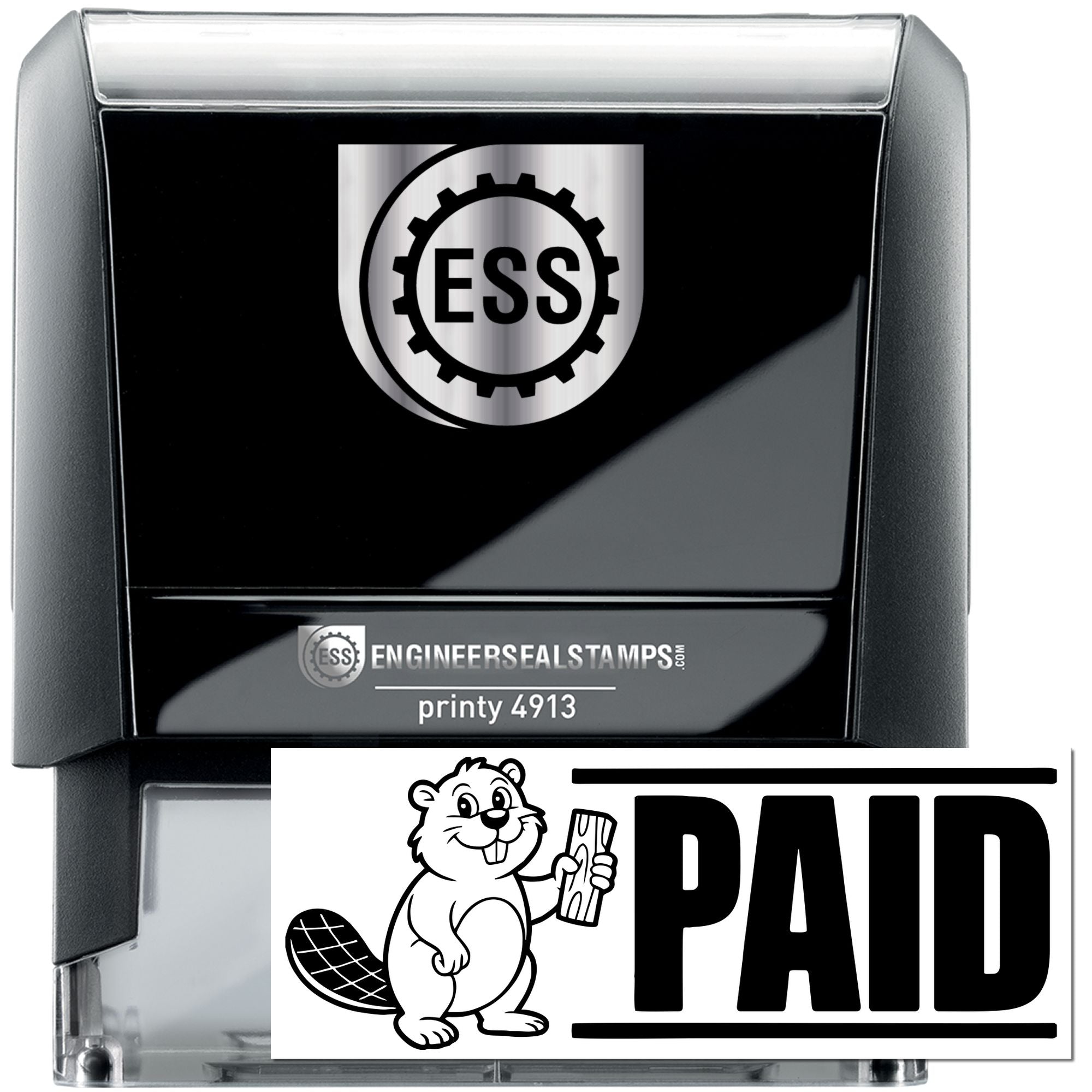 Black self-inking ESS engineer seal stamp above a white PAID stamp with beaver mascot and bold black text.