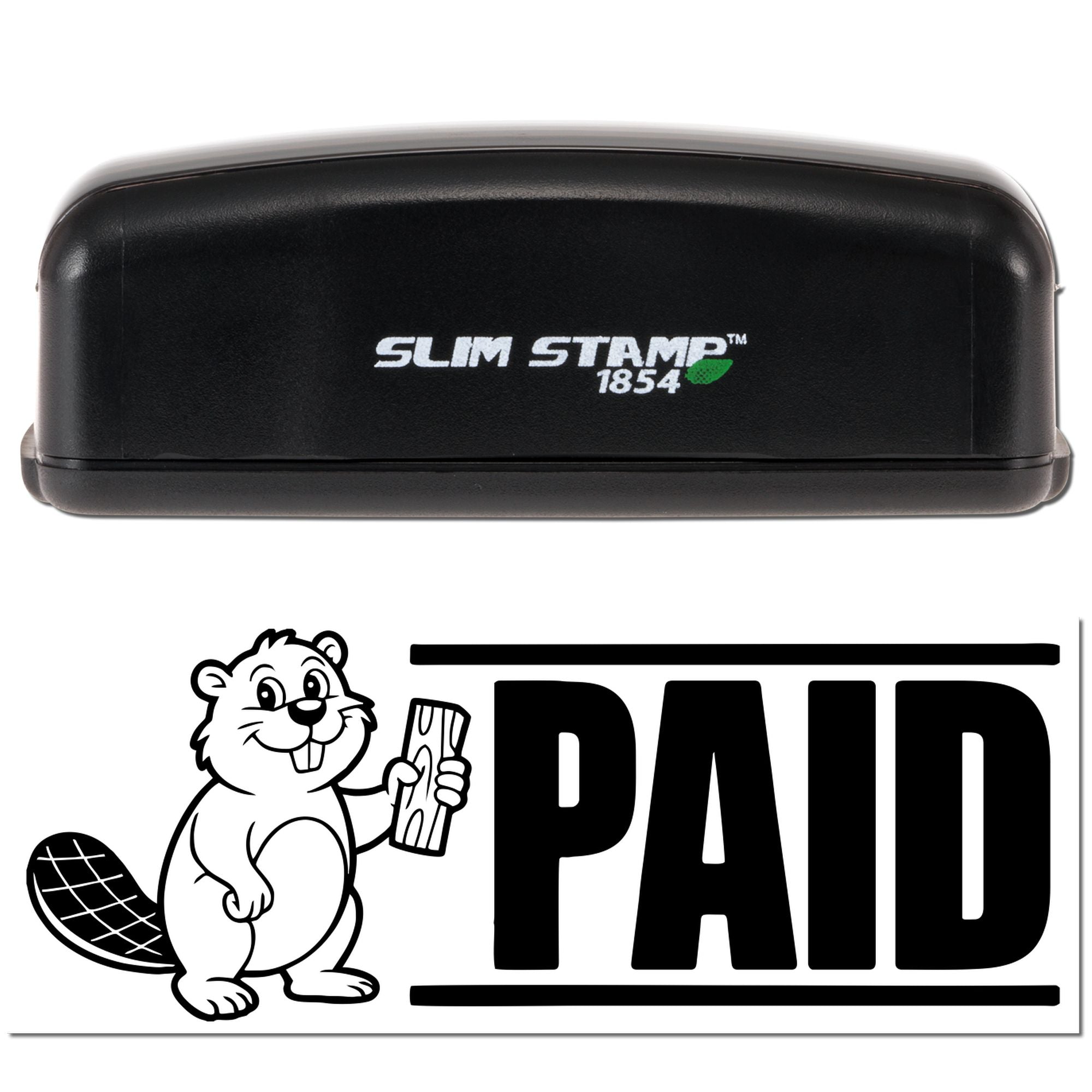 Black Slim Stamp 1854 self-inking stamp with beaver mascot and bold PAID seal on a white background
