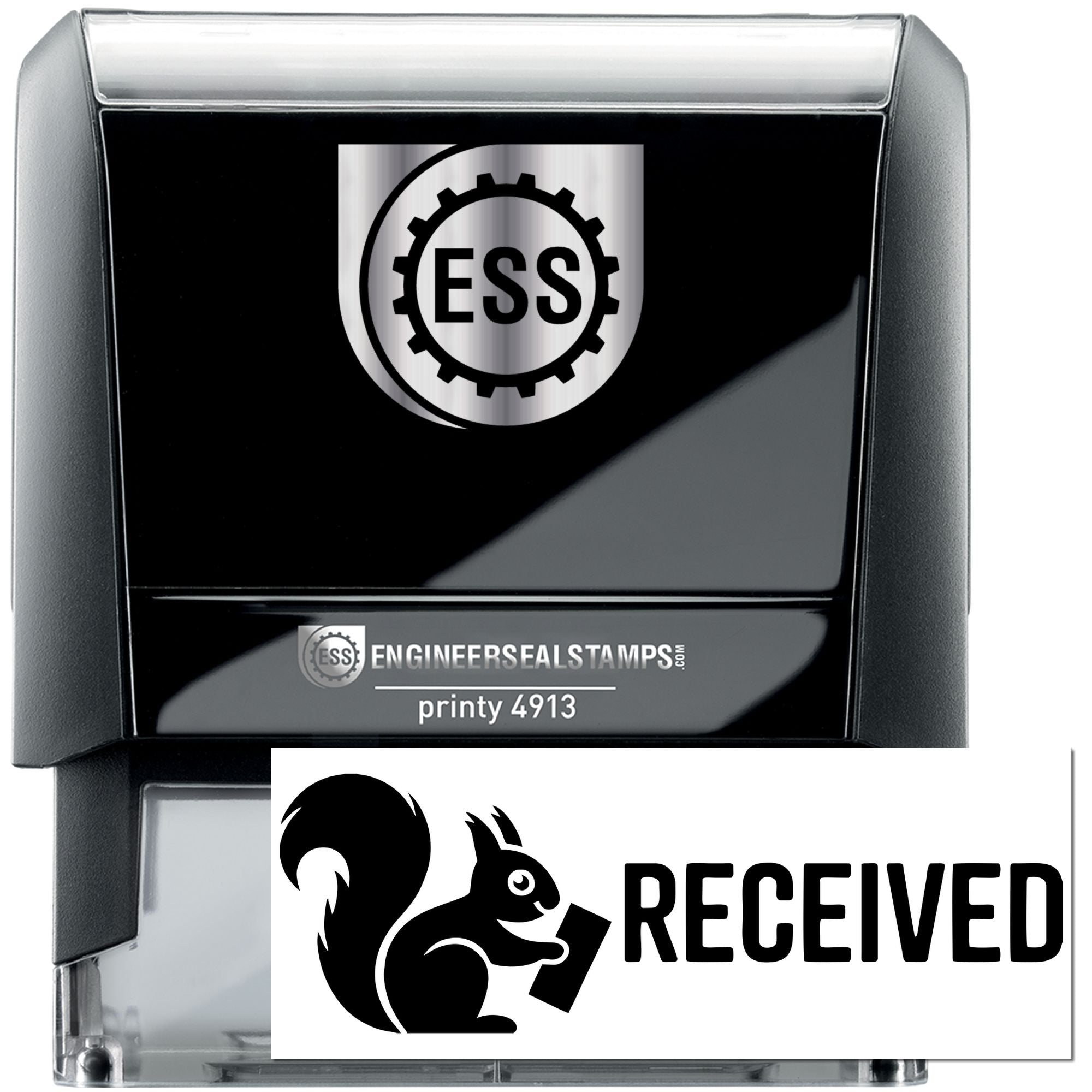 Black self-inking ESS stamp with silver logo and white RECEIVED seal featuring a squirrel icon.
