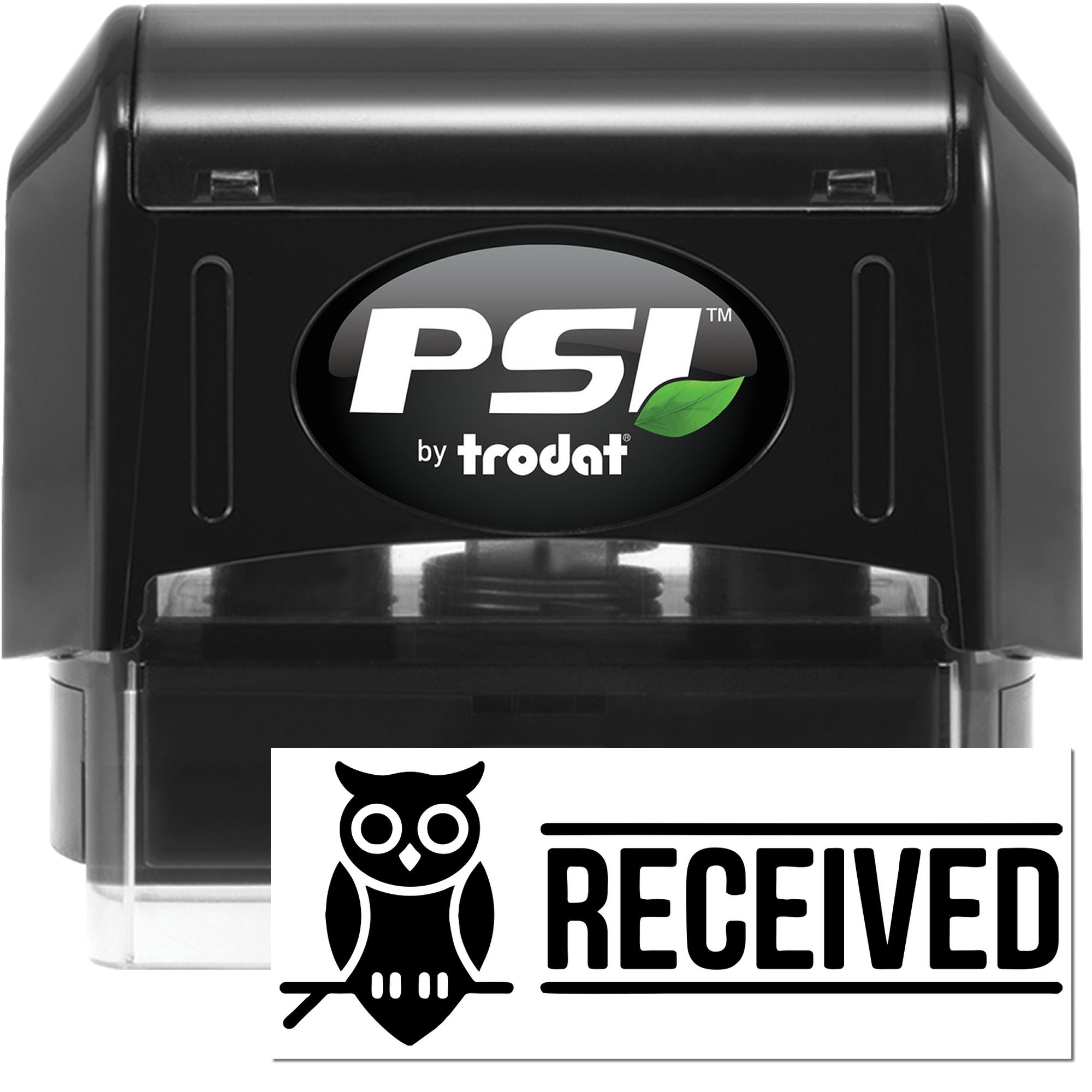 Black PSI by Trodat self-inking stamp and seal set with green leaf logo and bold RECEIVED imprint.