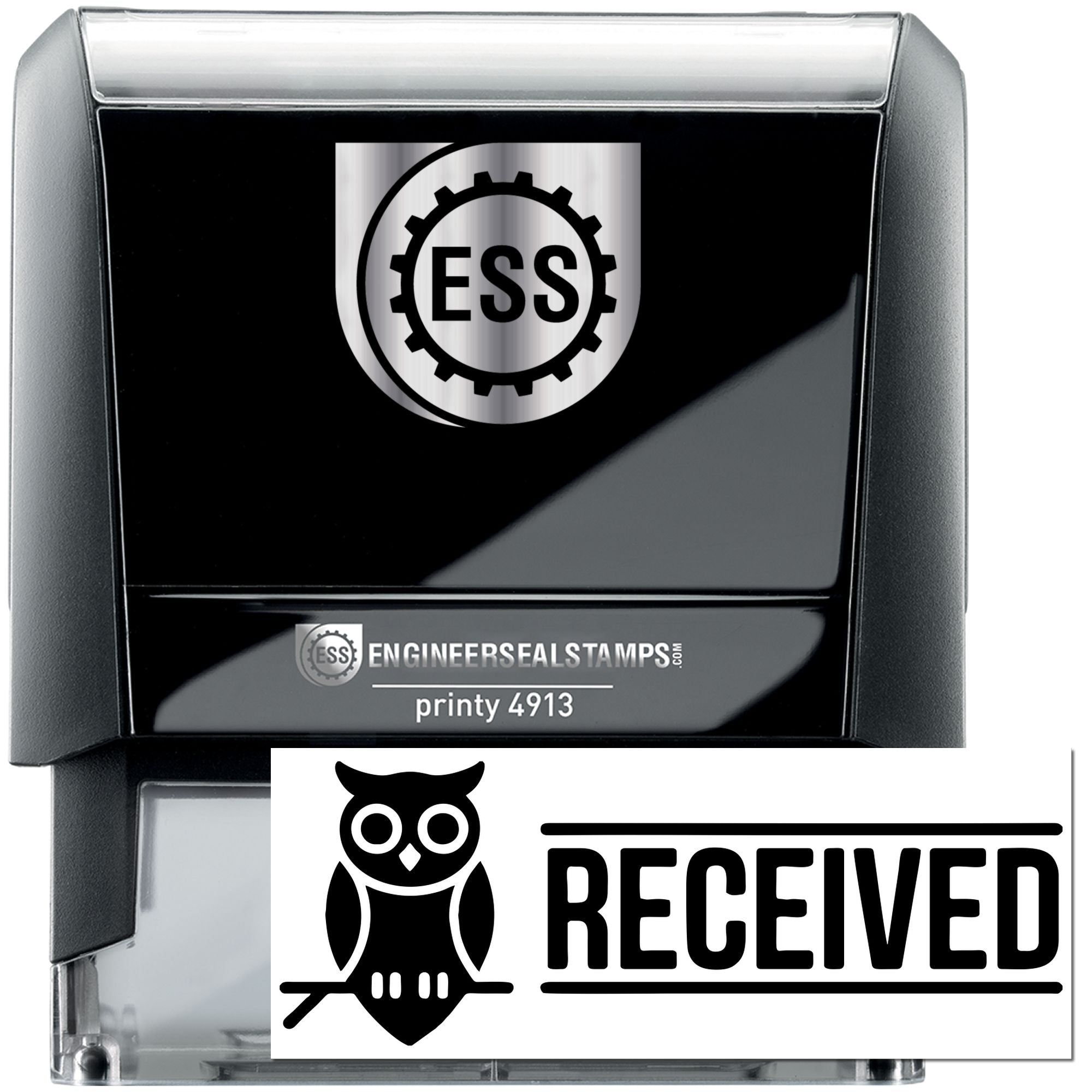 Black self-inking stamp with silver top, ESS logo, and bold RECEIVED seal for engineering documents.