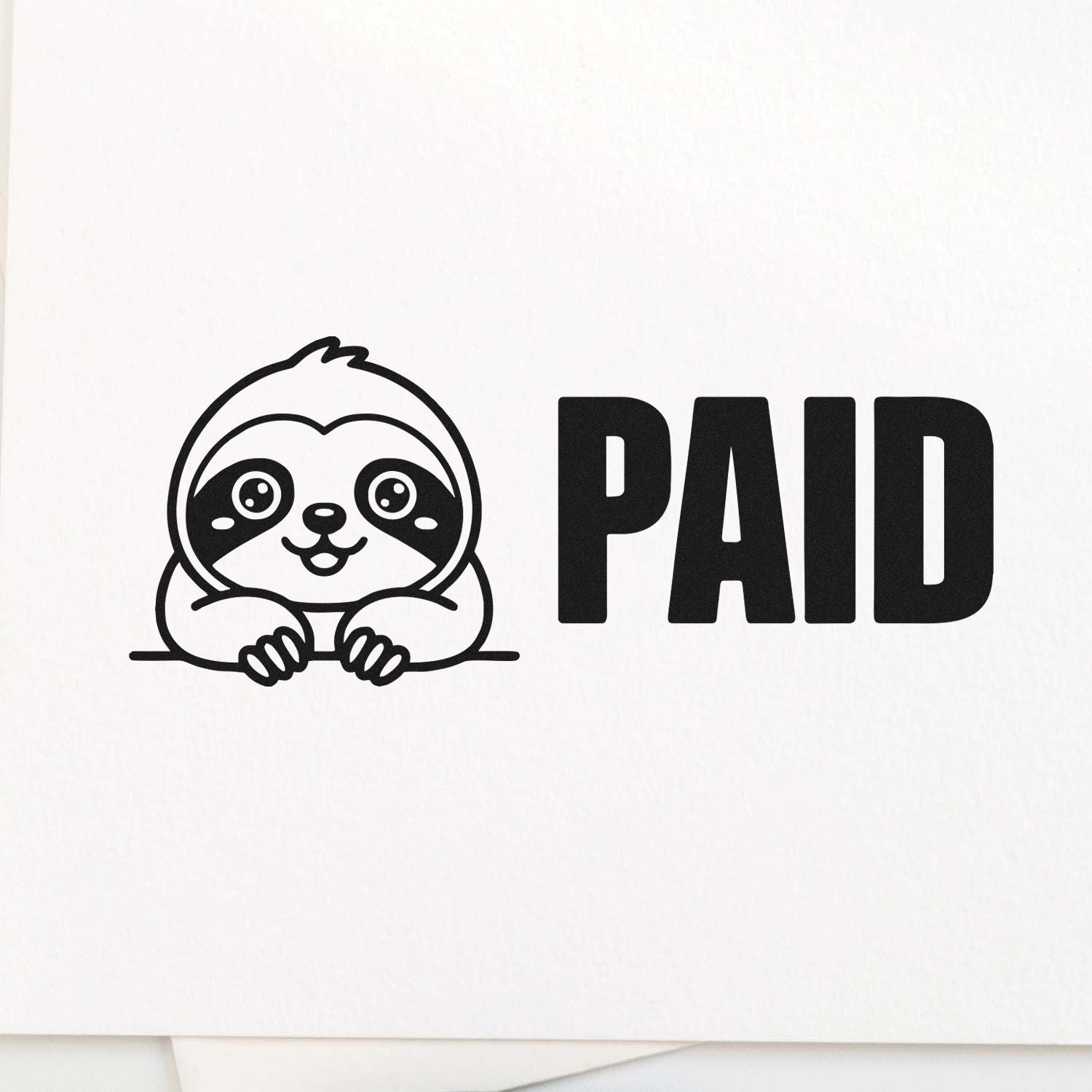 Black sloth PAID stamp seal with bold black text on a white background.