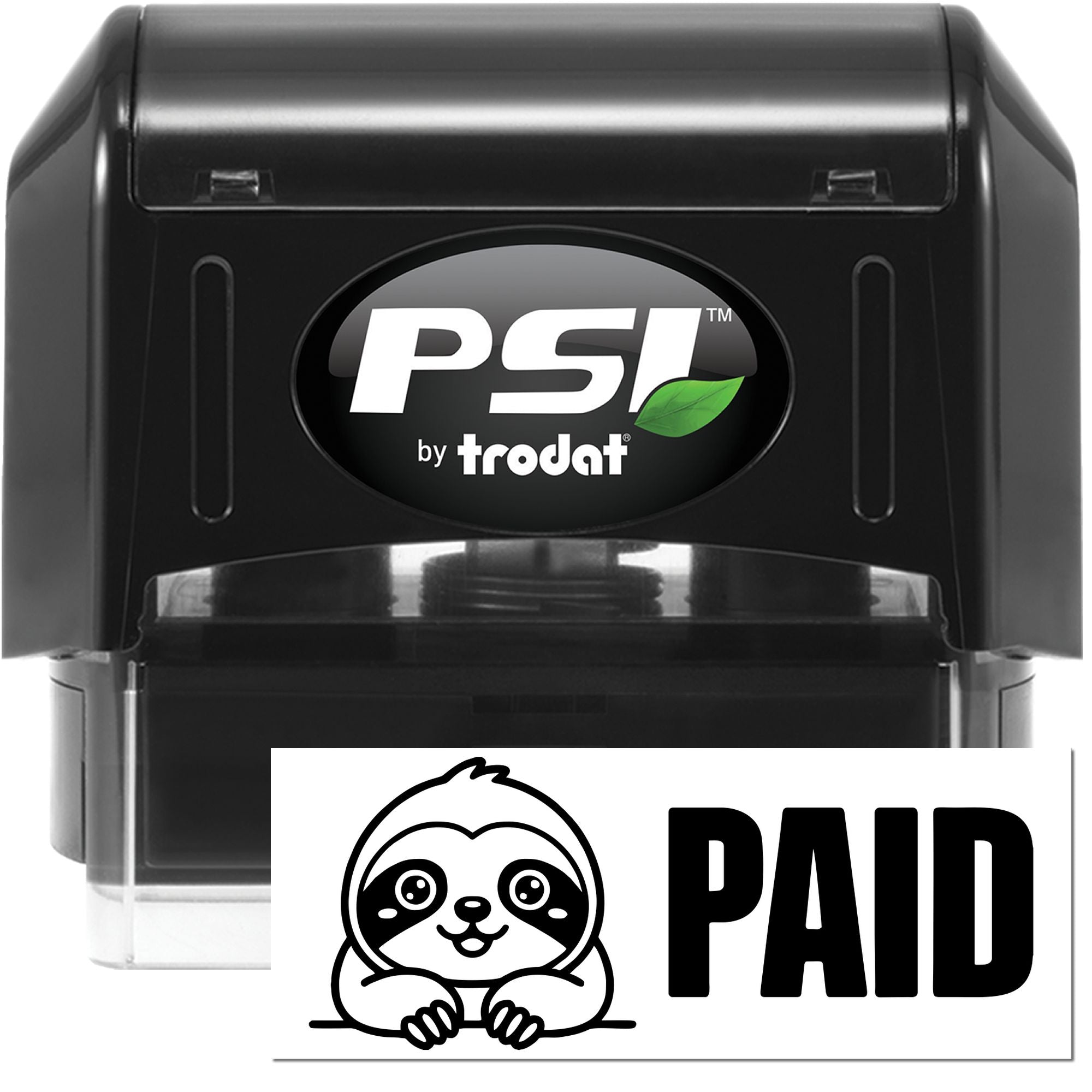 Black PSI by Trodat self-inking stamp with green leaf logo and white PAID seal featuring a sloth graphic