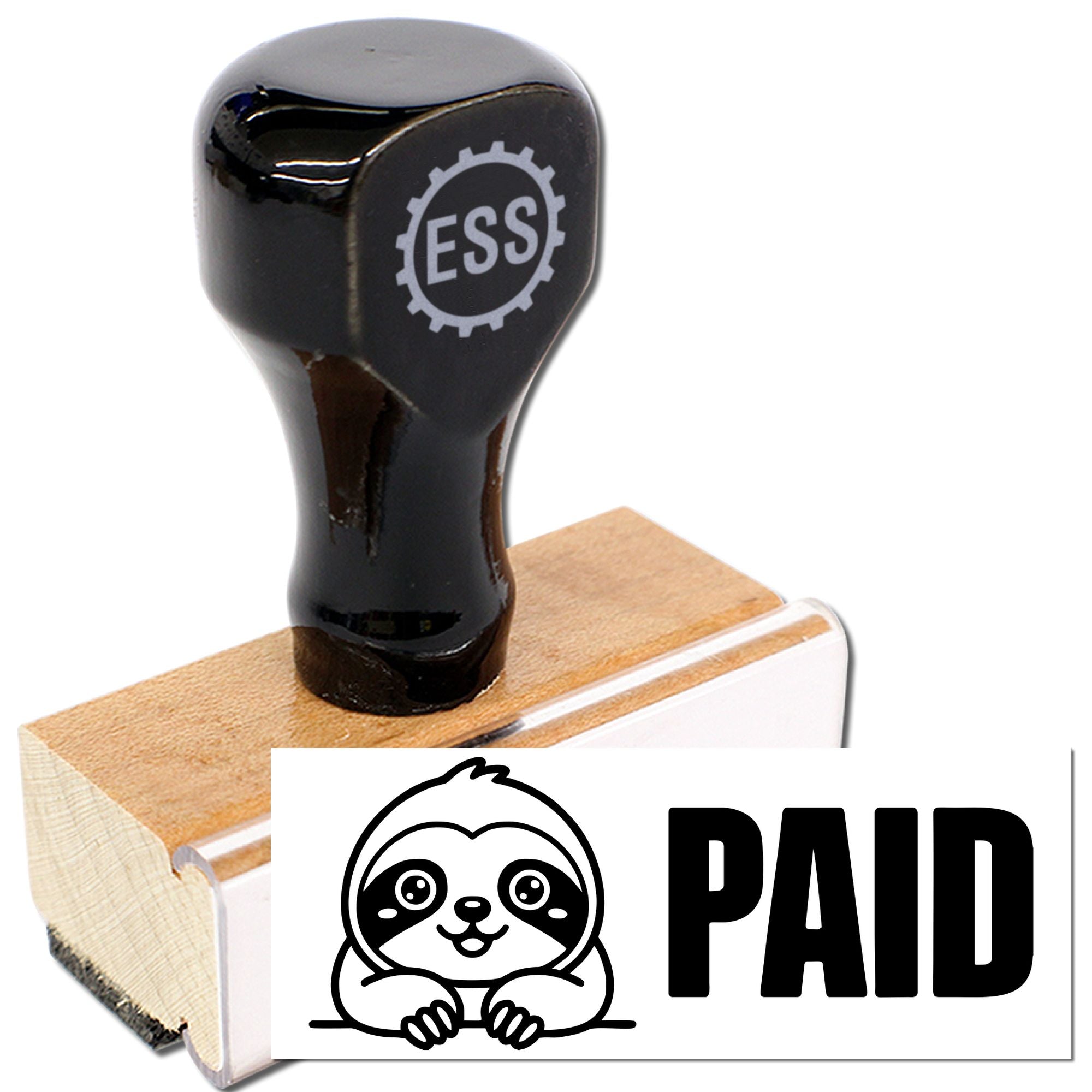 Black rubber stamp and wooden paid seal set with ESS logo, sloth graphic, and bold black PAID text