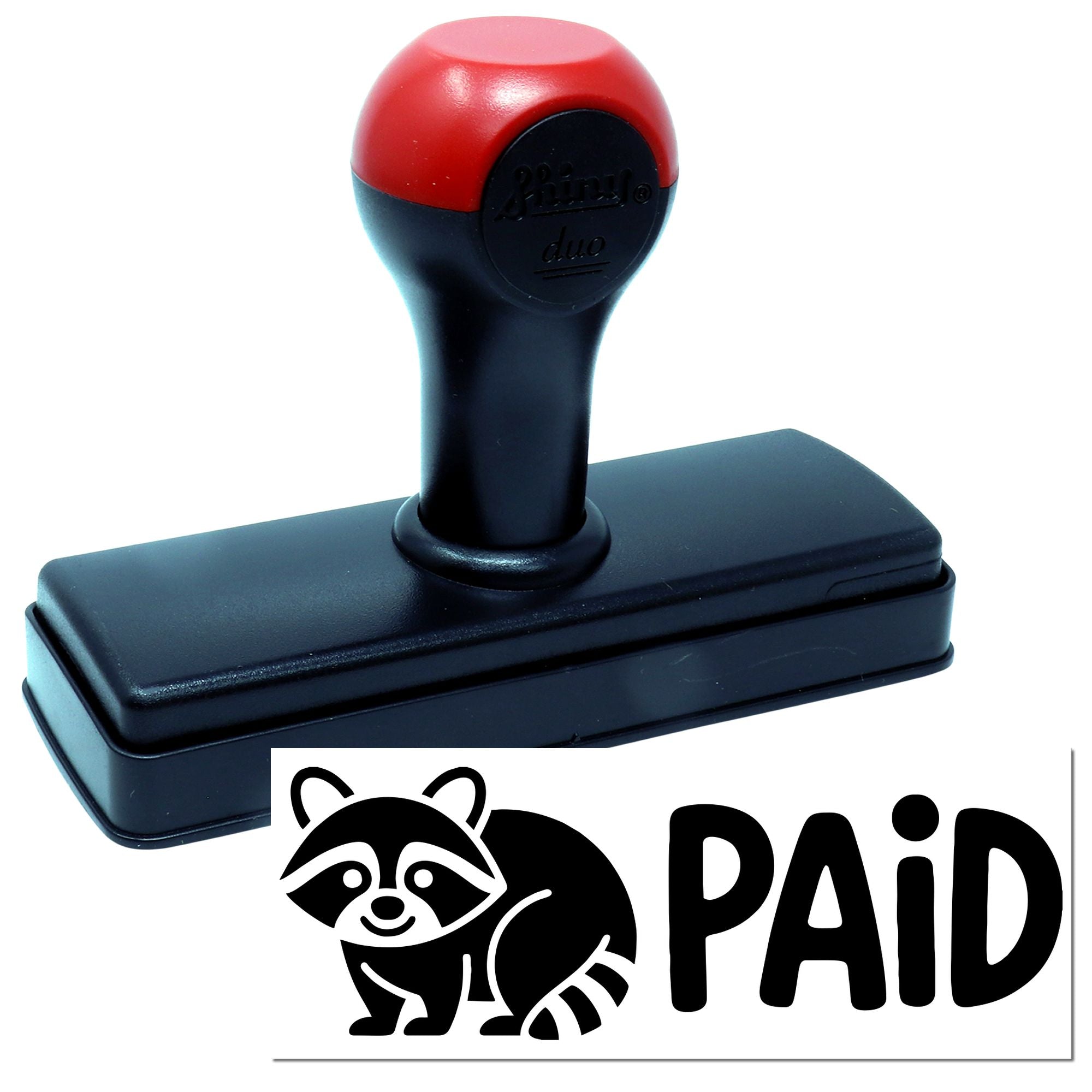 Red and black self-inking stamp with raccoon graphic and bold PAID seal imprint