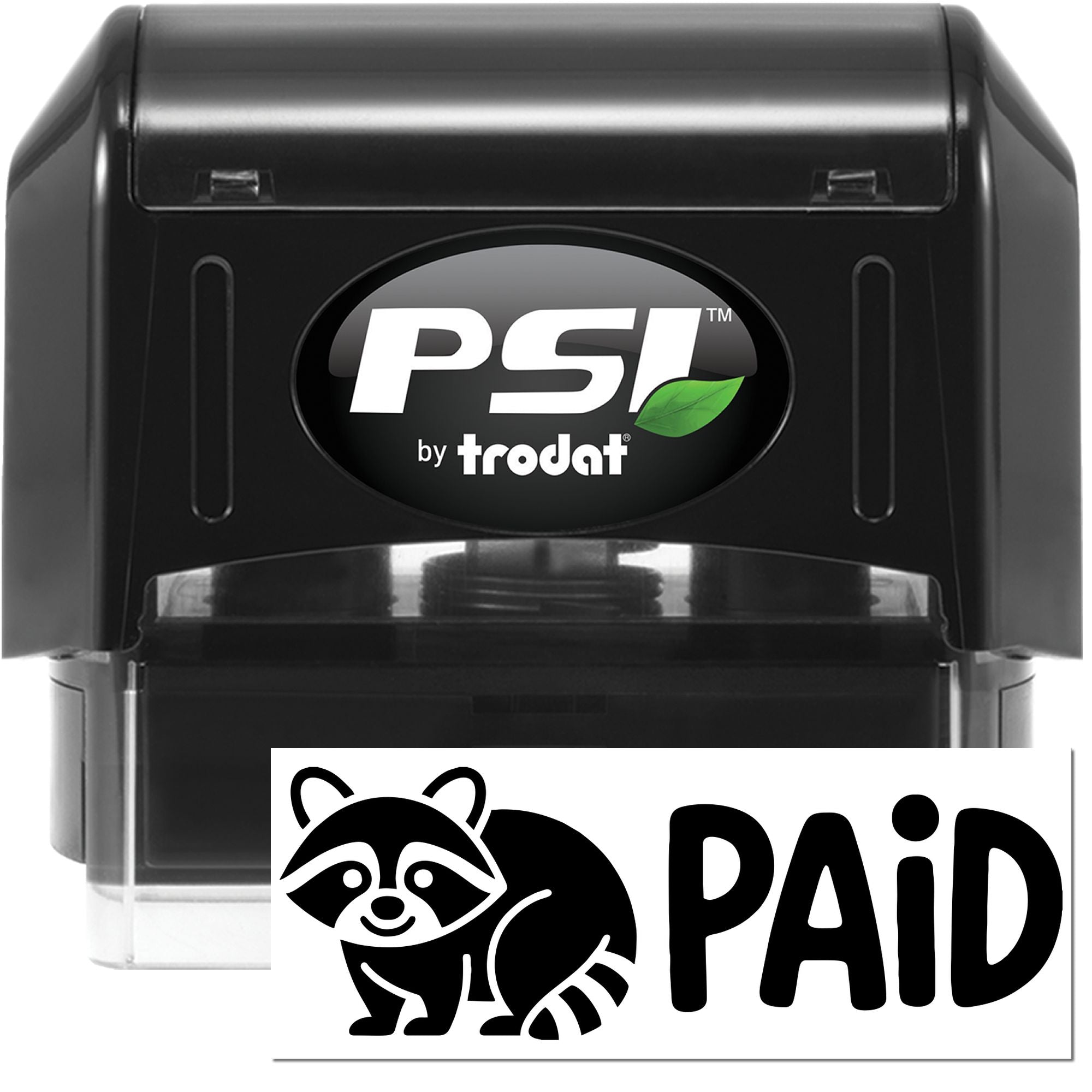 Black PSI by Trodat self-inking stamp and seal with green leaf logo, showing a white PAID raccoon imprint.
