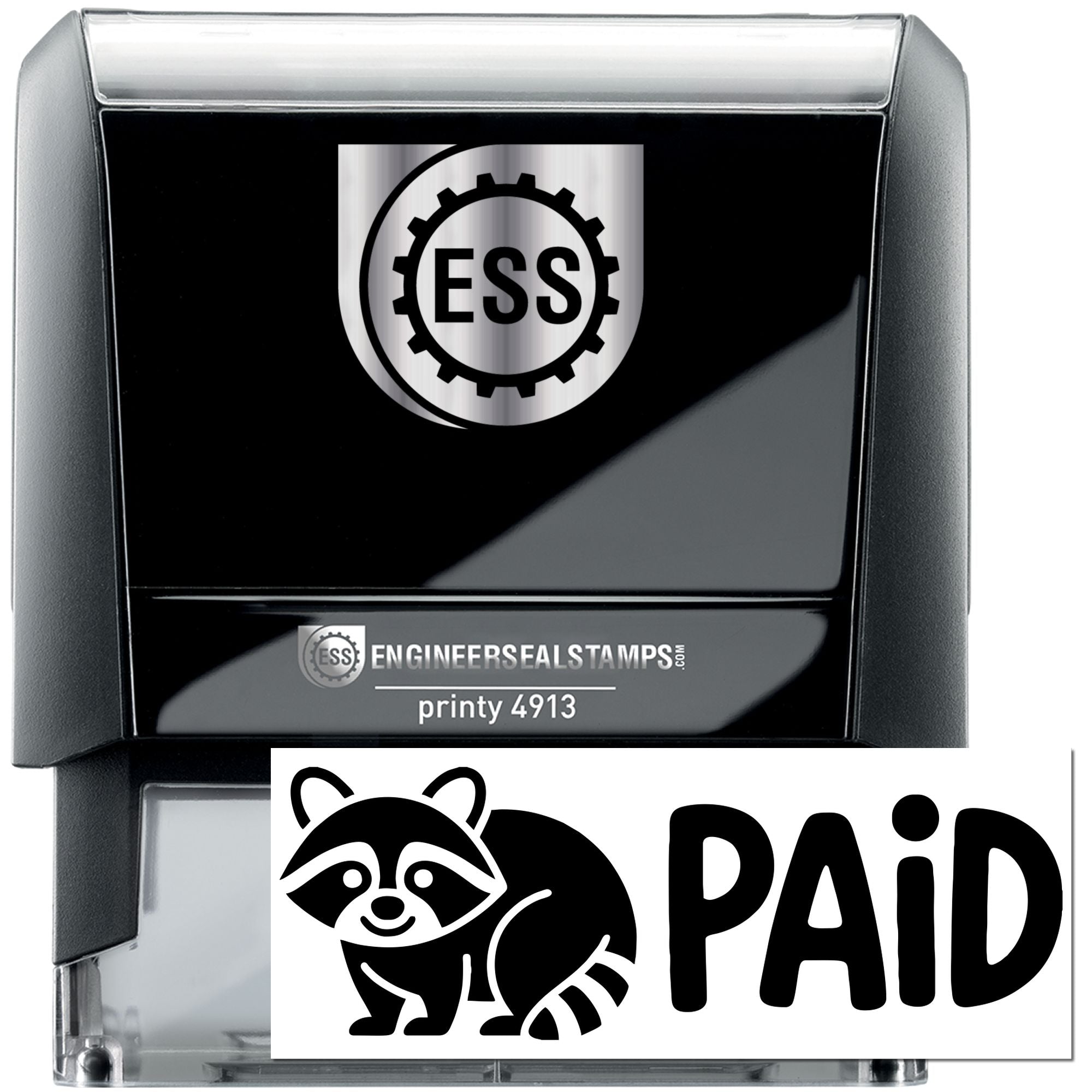 Black self-inking stamp with silver top, ESS logo, and PAID seal featuring a raccoon graphic.