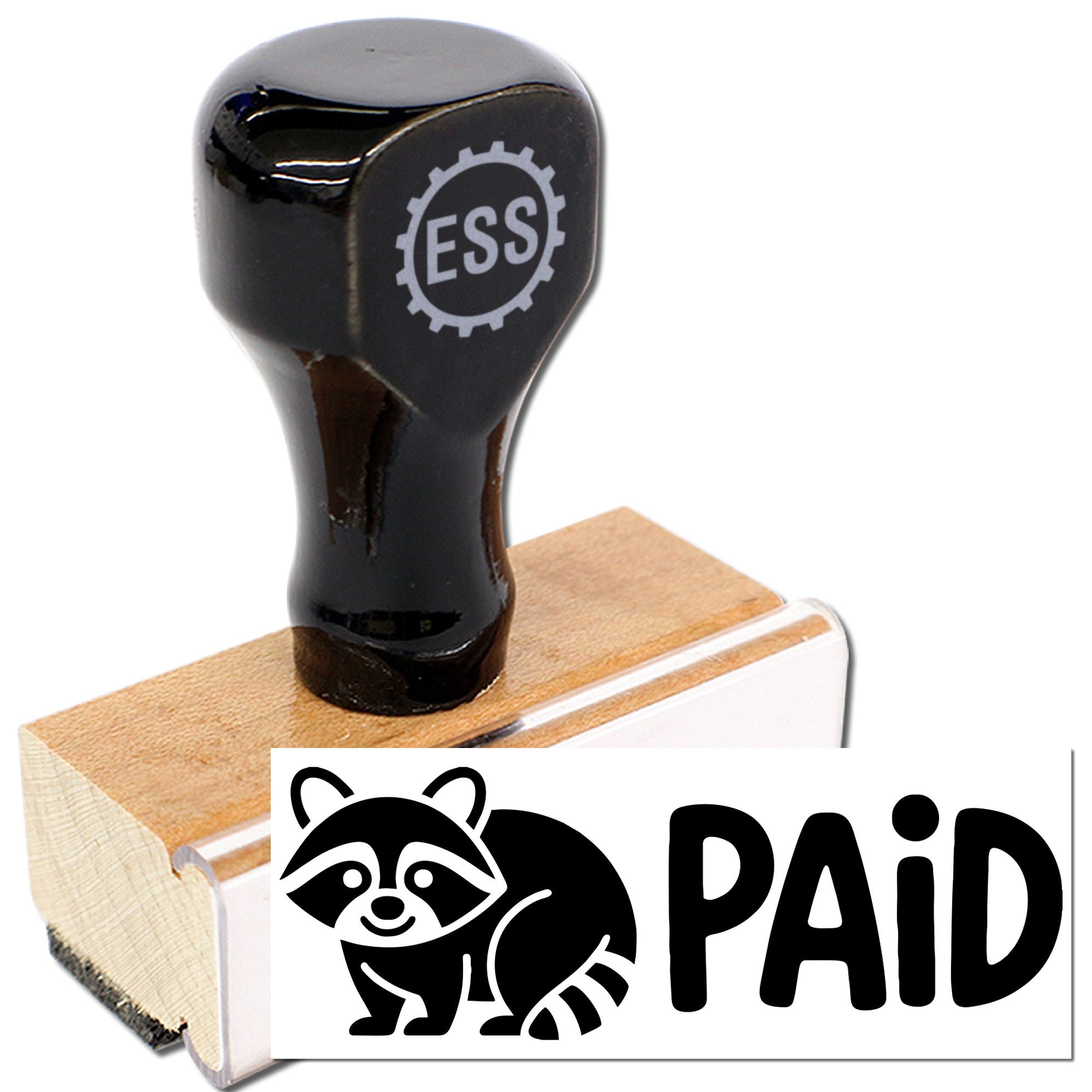 Black ESS rubber stamp on wooden block beside white PAID seal with raccoon graphic