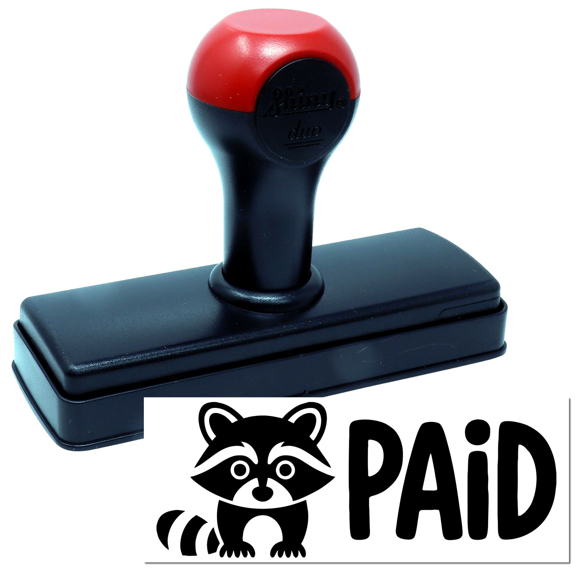 Red and black self-inking stamp with raccoon logo and bold PAID seal on white background