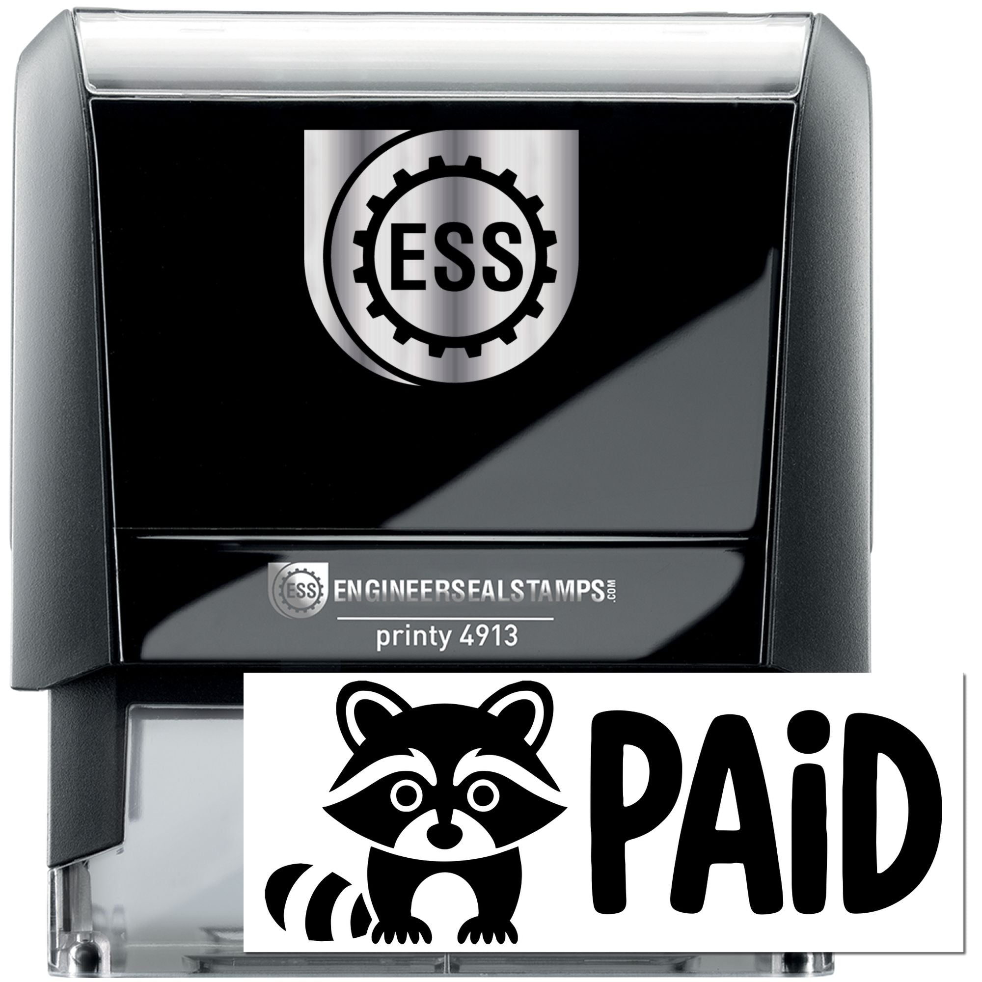 Black self-inking stamp and seal set with ESS logo, silver casing, and white PAID raccoon design