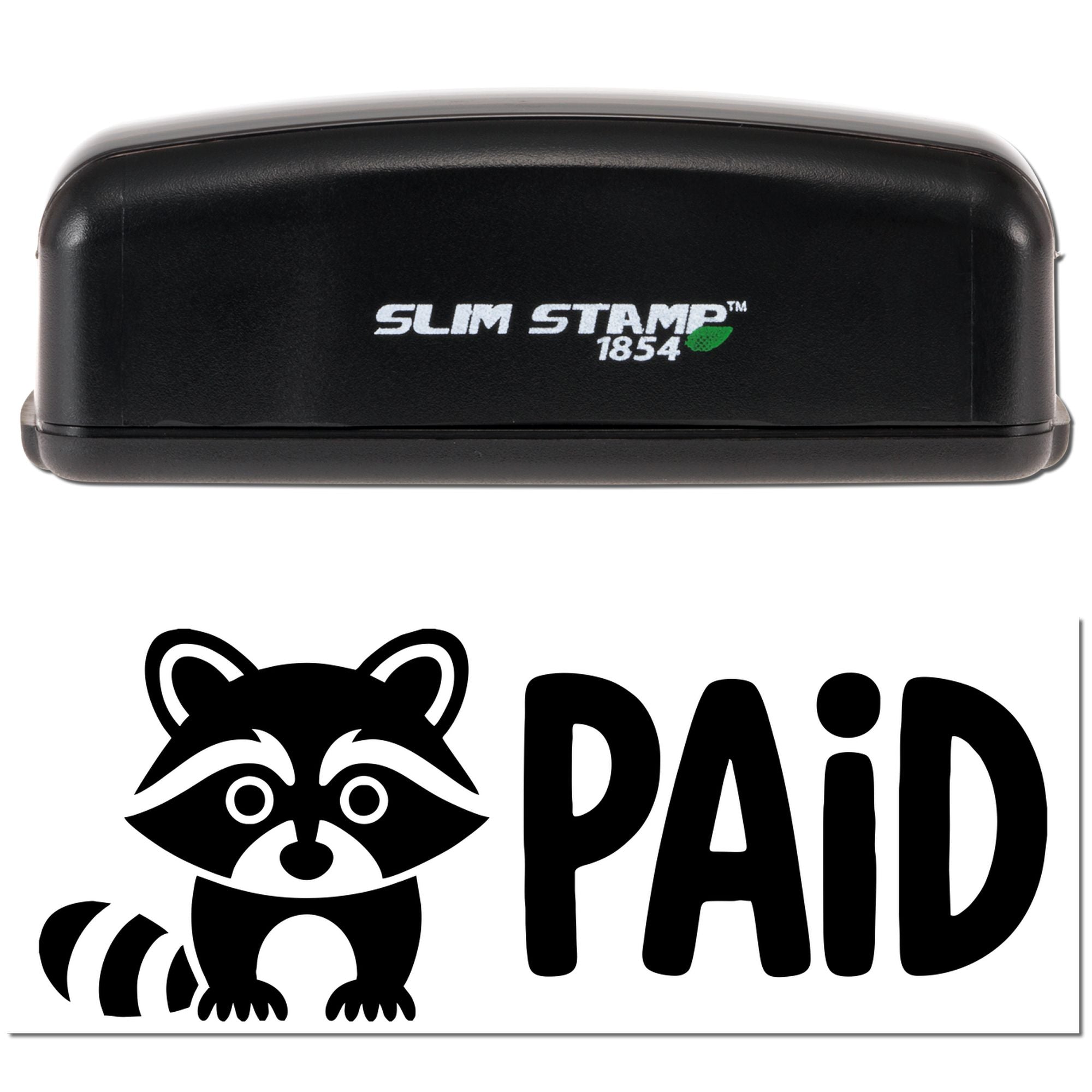 Black Slim Stamp 1854 stamp and raccoon PAID seal graphic with white lettering and green leaf logo.