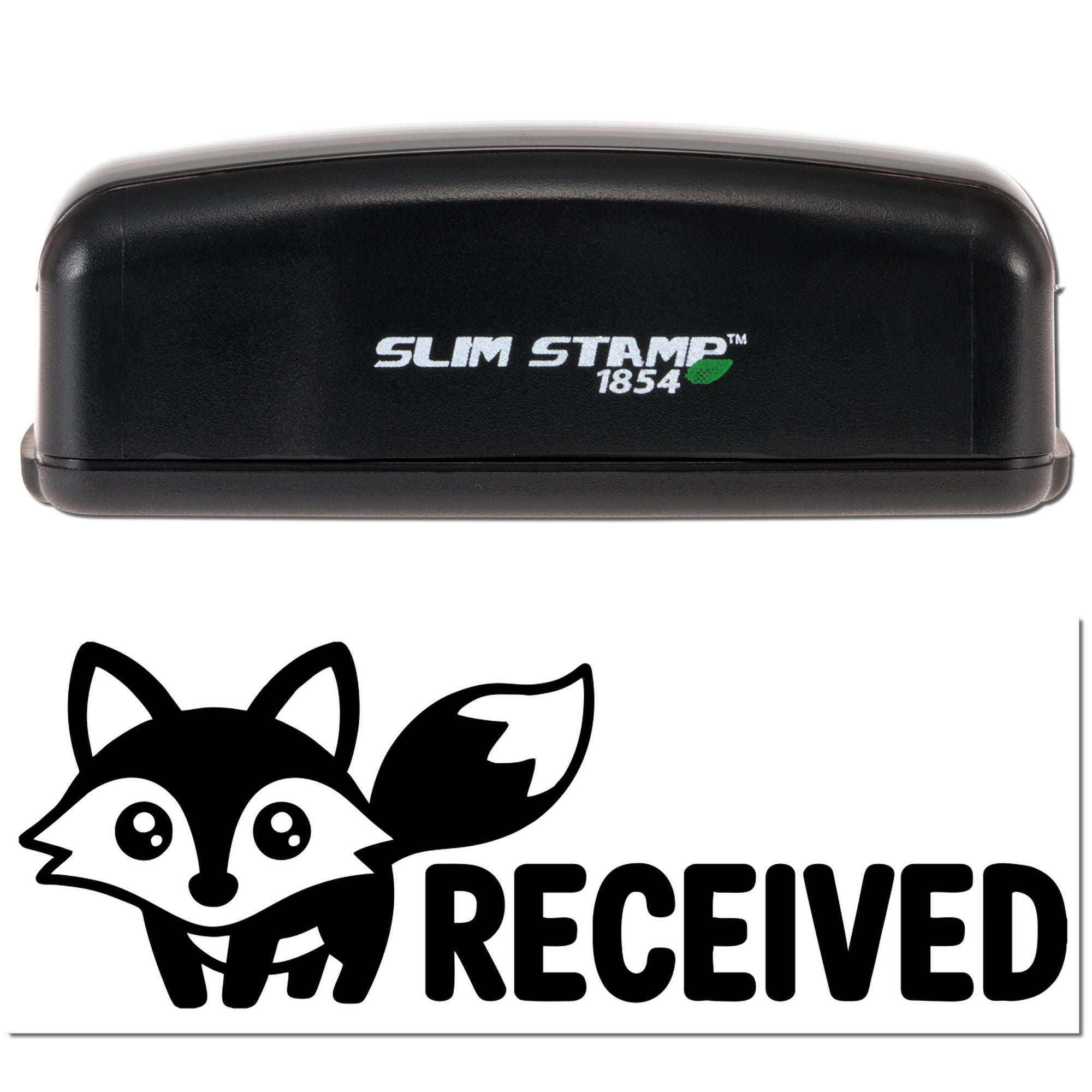 Black Slim Stamp 1854 self-inking stamp with green leaf logo above a bold fox RECEIVED seal graphic.