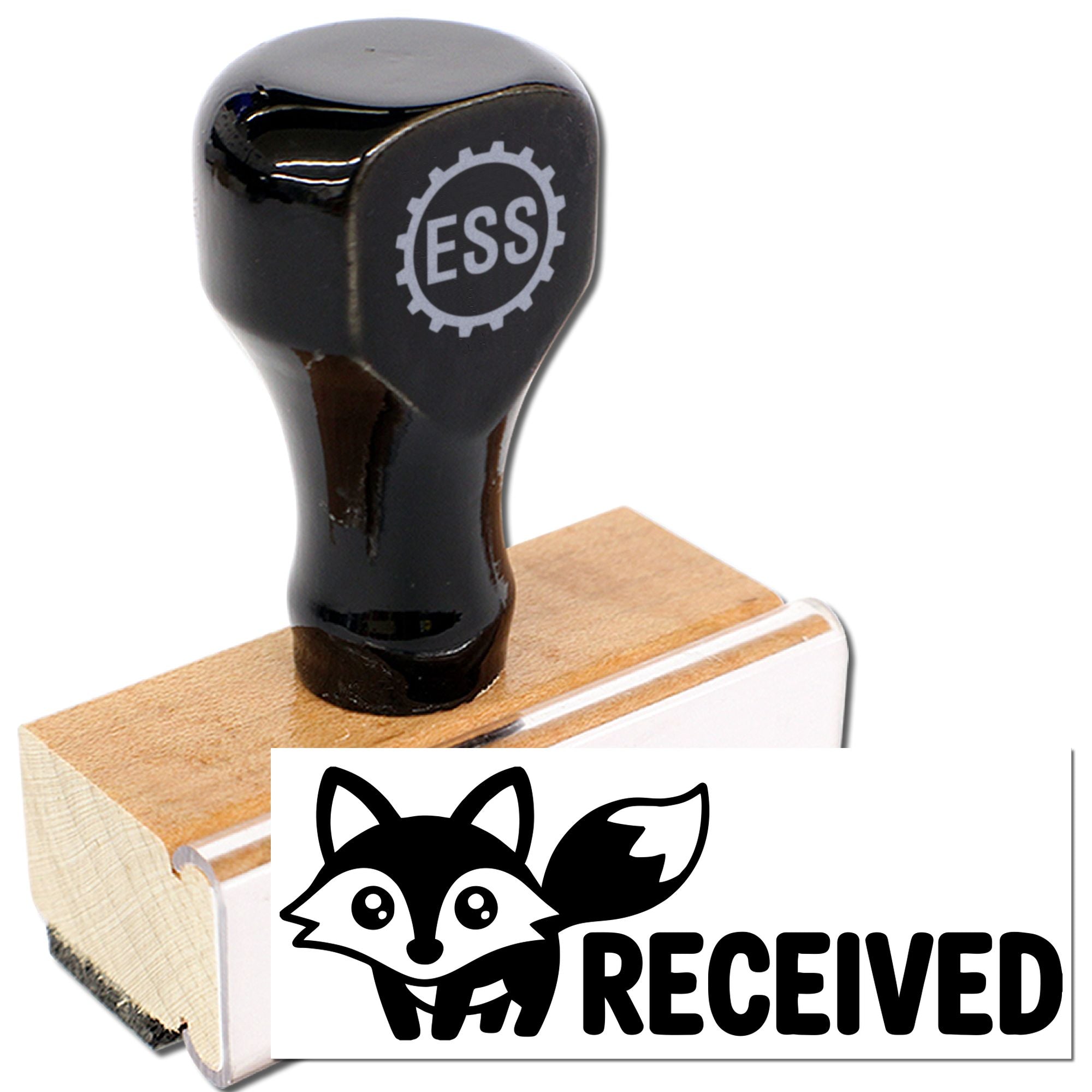 Black ESS rubber stamp with wooden handle and white RECEIVED seal featuring a fox icon