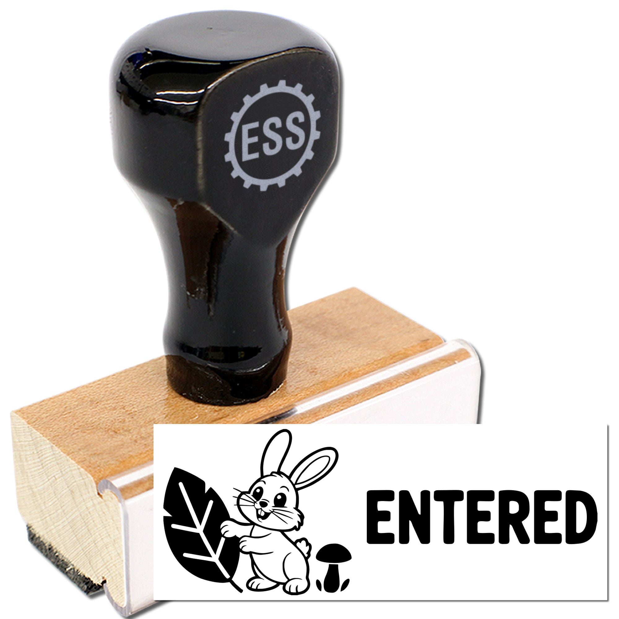 Black self-inking stamp and seal with ESS logo, wooden base, and ENTERED rabbit emblem