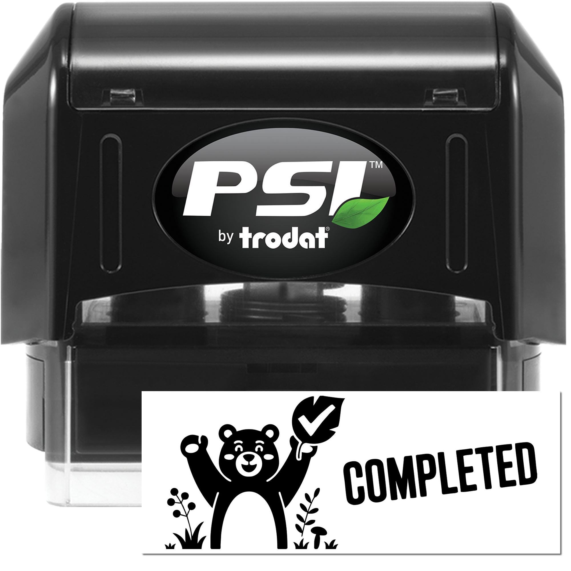Black PSI by Trodat self-inking stamp with a completed seal card, black bear graphic, and bold COMPLETED text on white.