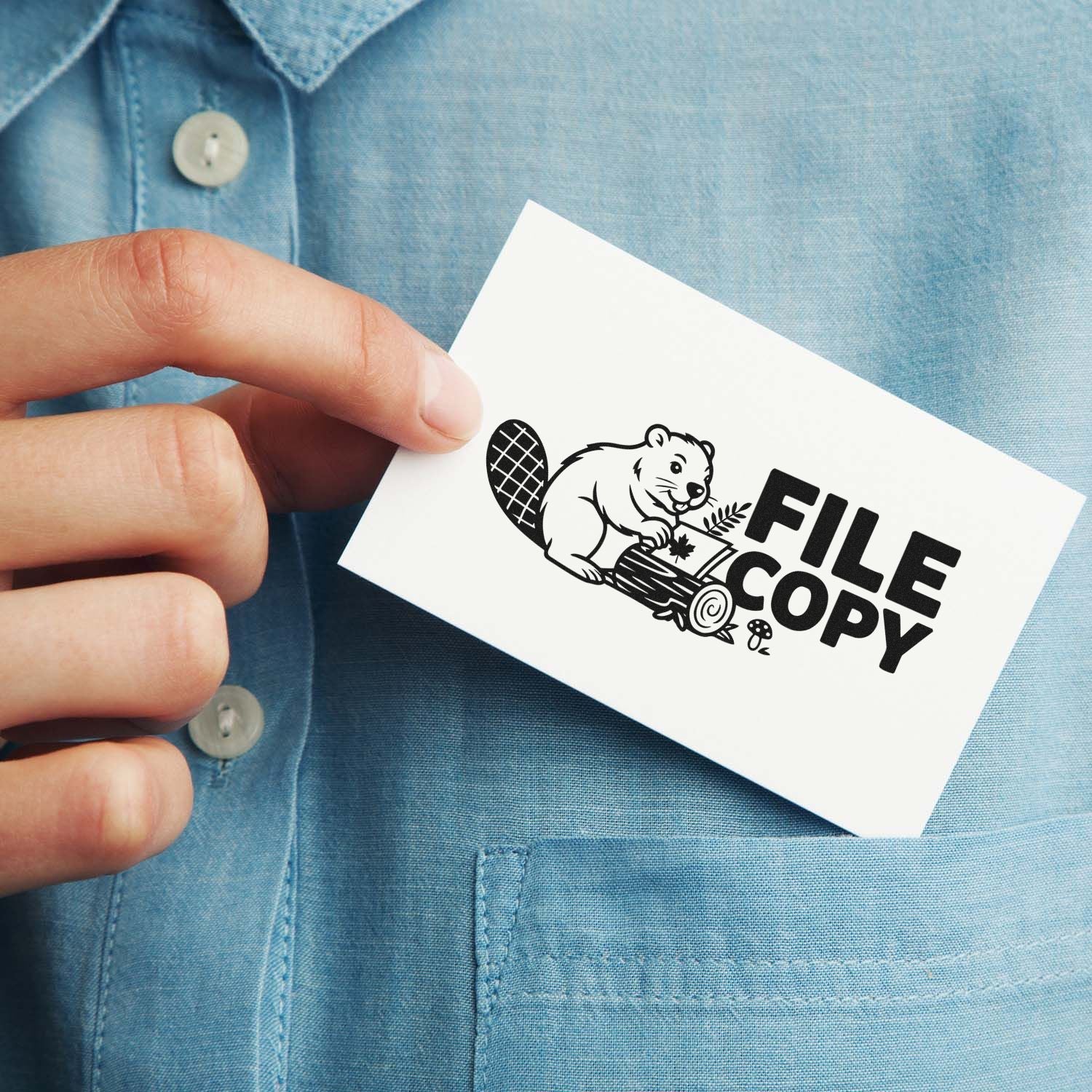 White FILE COPY stamp card with black beaver seal logo, held by a hand against a light blue shirt.
