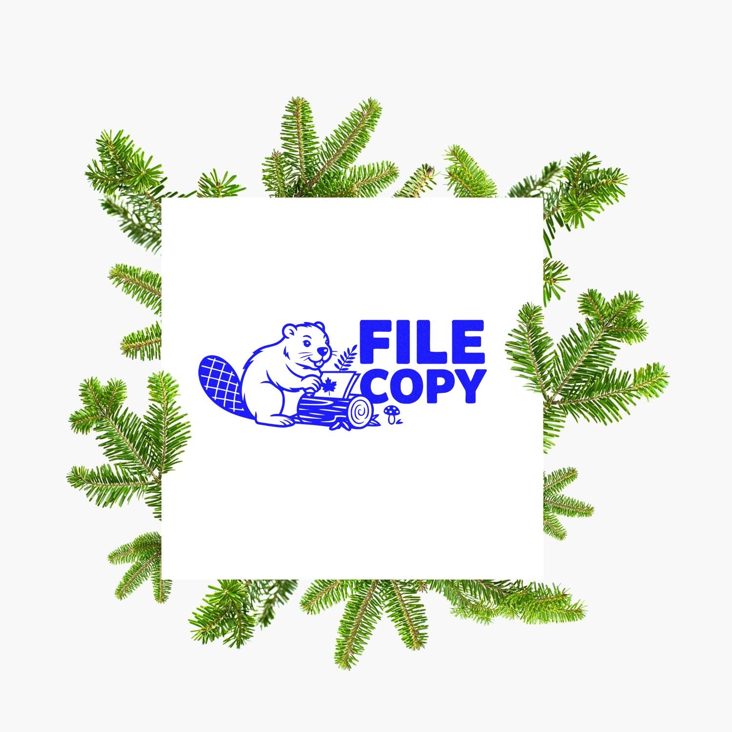 Blue FILE COPY stamp seal with beaver logo on a white square, framed by green pine branches.