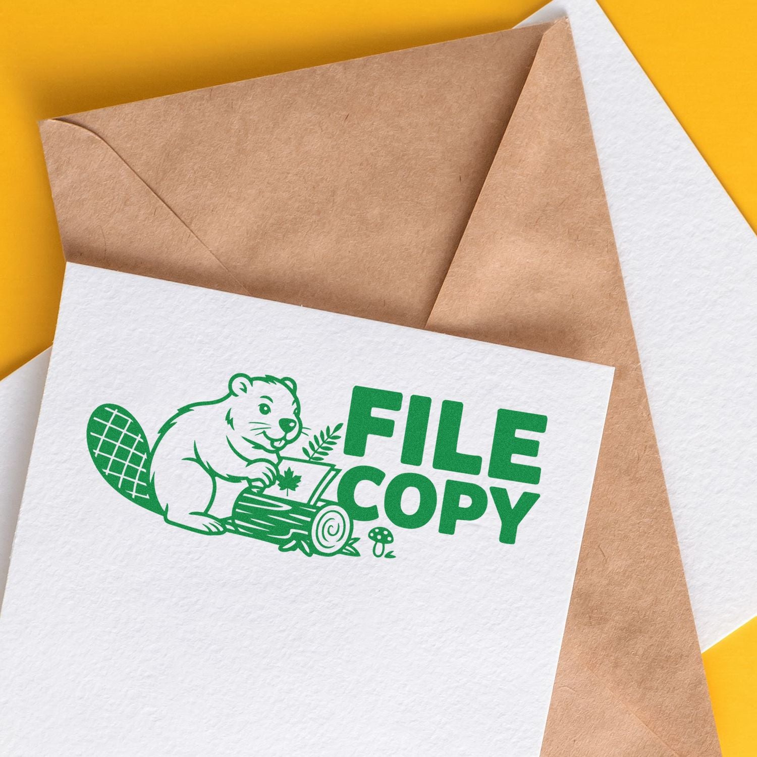 Green FILE COPY stamp seal with beaver graphic on white paper over kraft envelopes, on bright yellow background.
