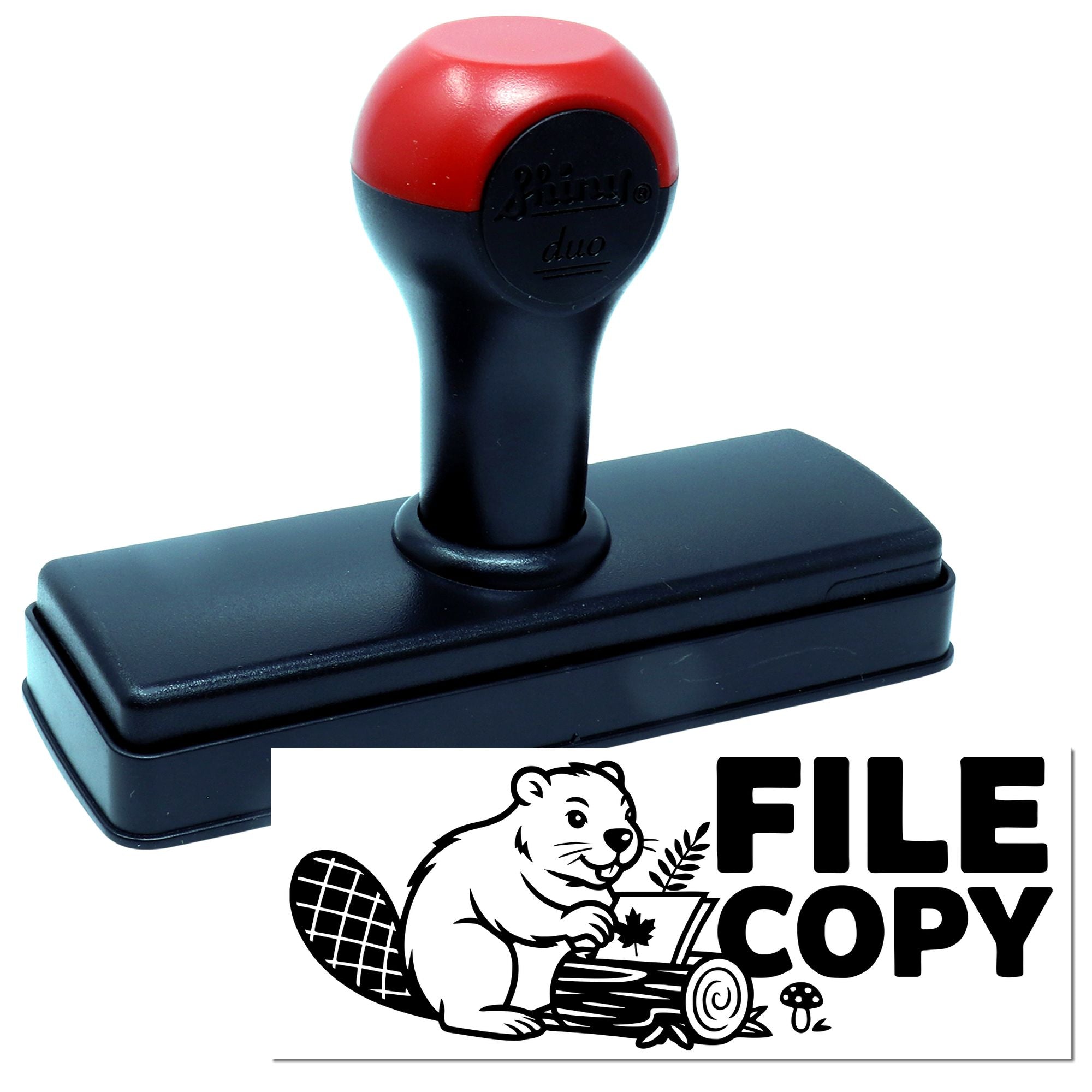 Red and black self-inking stamp and seal with FILE COPY imprint, beaver logo, and black rectangular base.