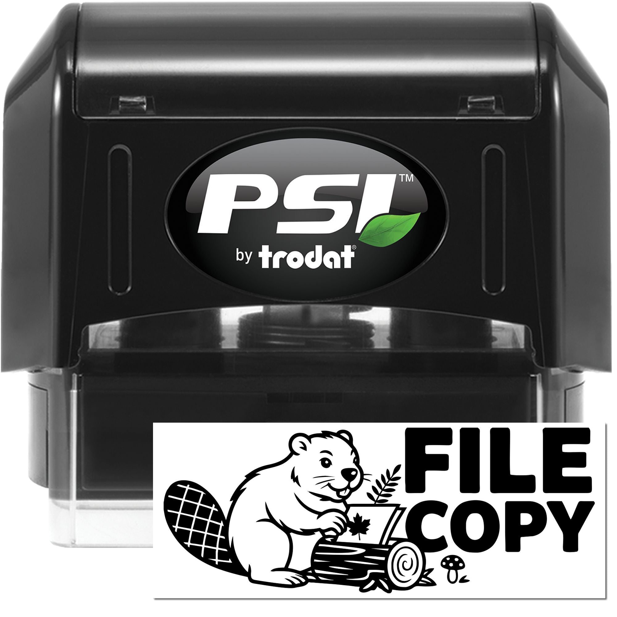 Black PSI by Trodat self-inking stamp and seal with green leaf logo, printing FILE COPY in bold black