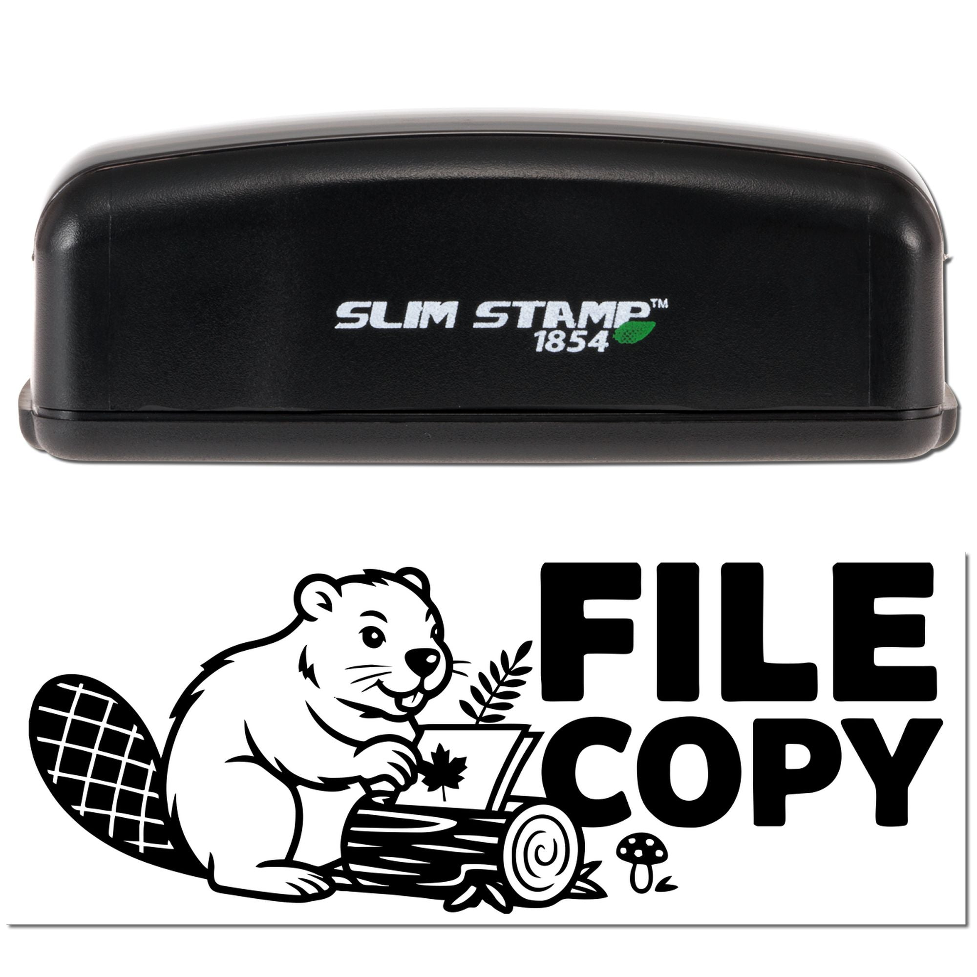 Black Slim Stamp 1854 self-inking stamp and FILE COPY seal with beaver logo in bold black on white