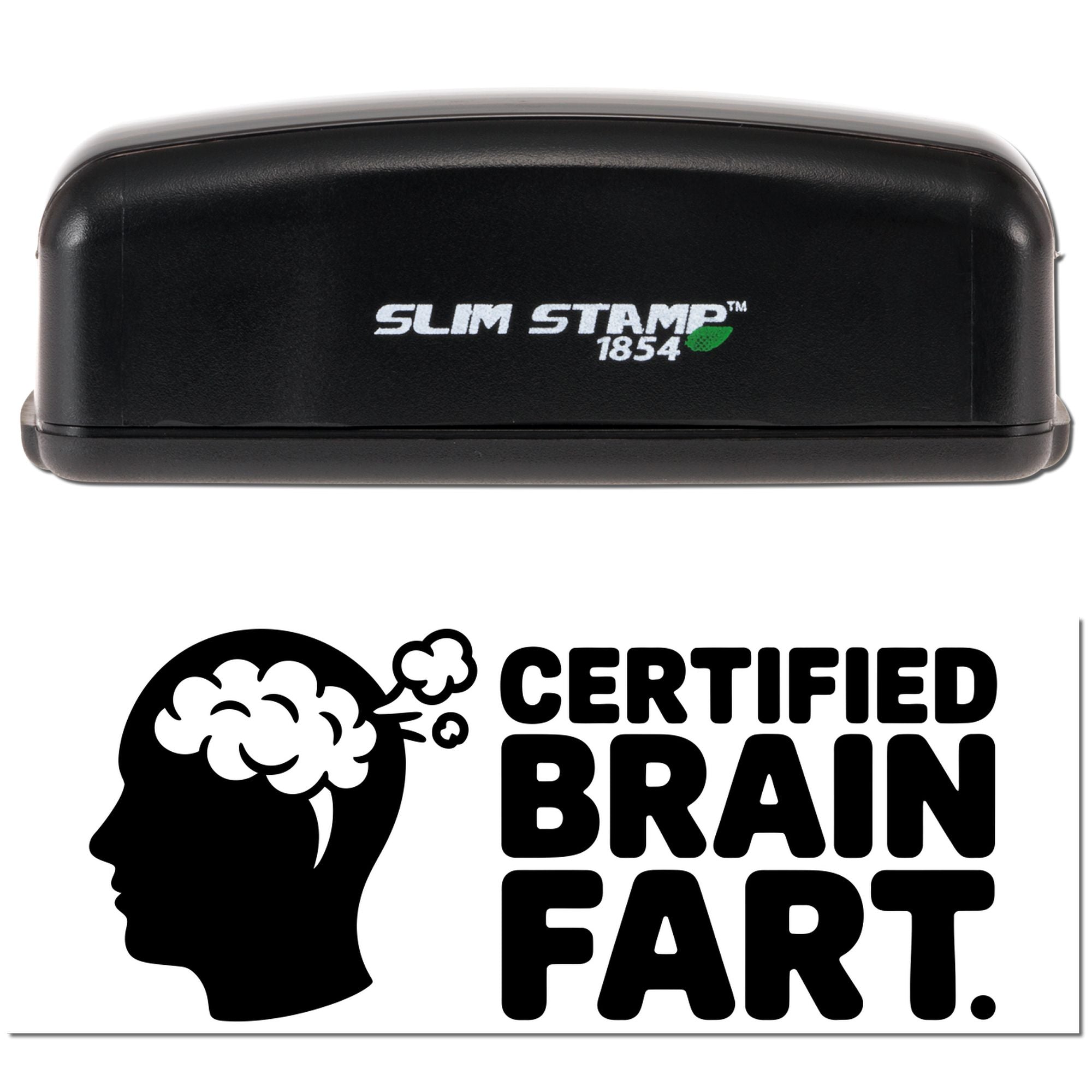 Black Slim Stamp 1854 stamp and Certified Brain Fart seal with brain icon on white background.