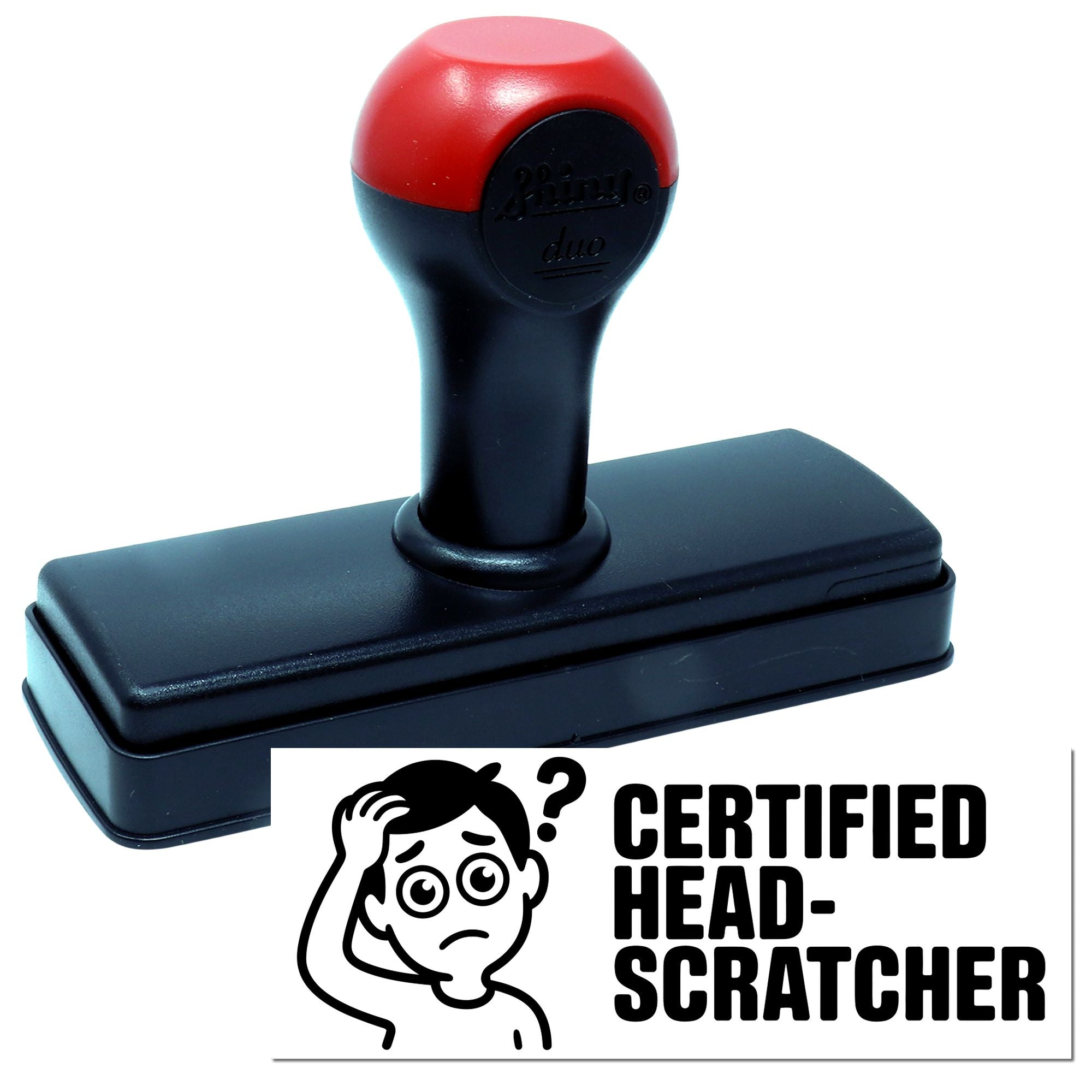 Red and black self-inking stamp with certified head-scratcher seal design