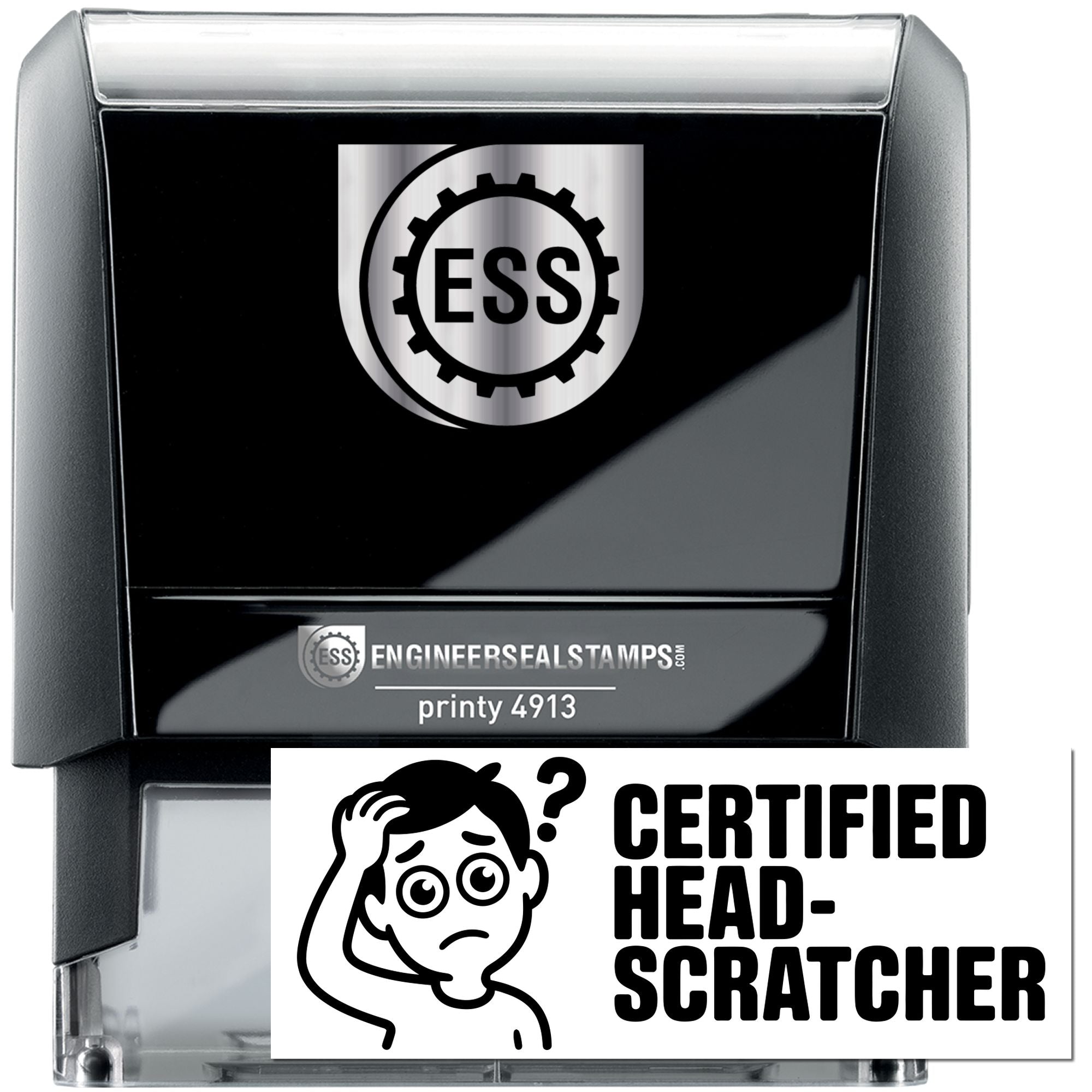 Black self-inking engineer seal stamp with silver top, ESS logo, and Certified Head-Scratcher graphic.