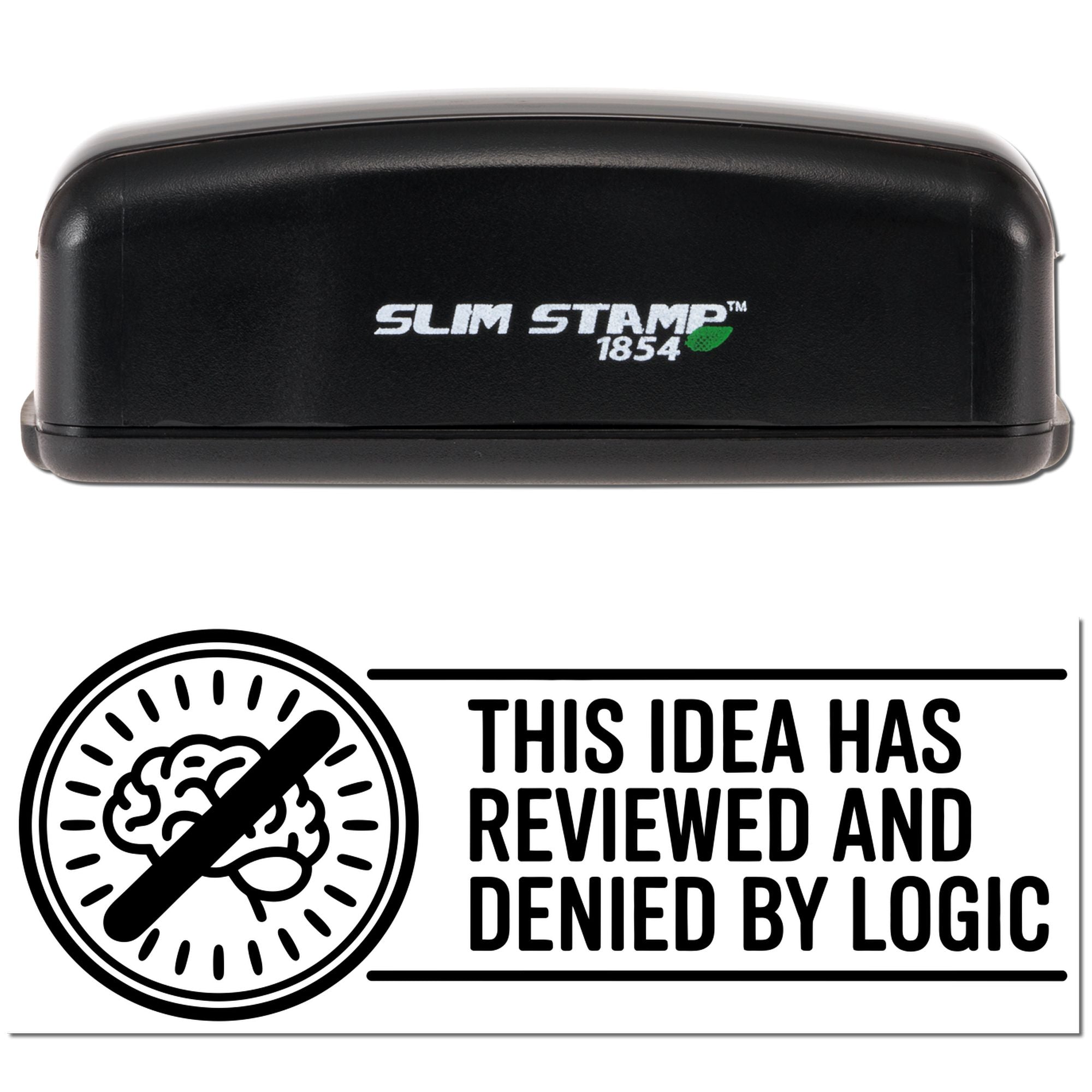 Black Slim Stamp 1854 stamp and seal set in black and white with crossed-out brain icon and denied by logic text.