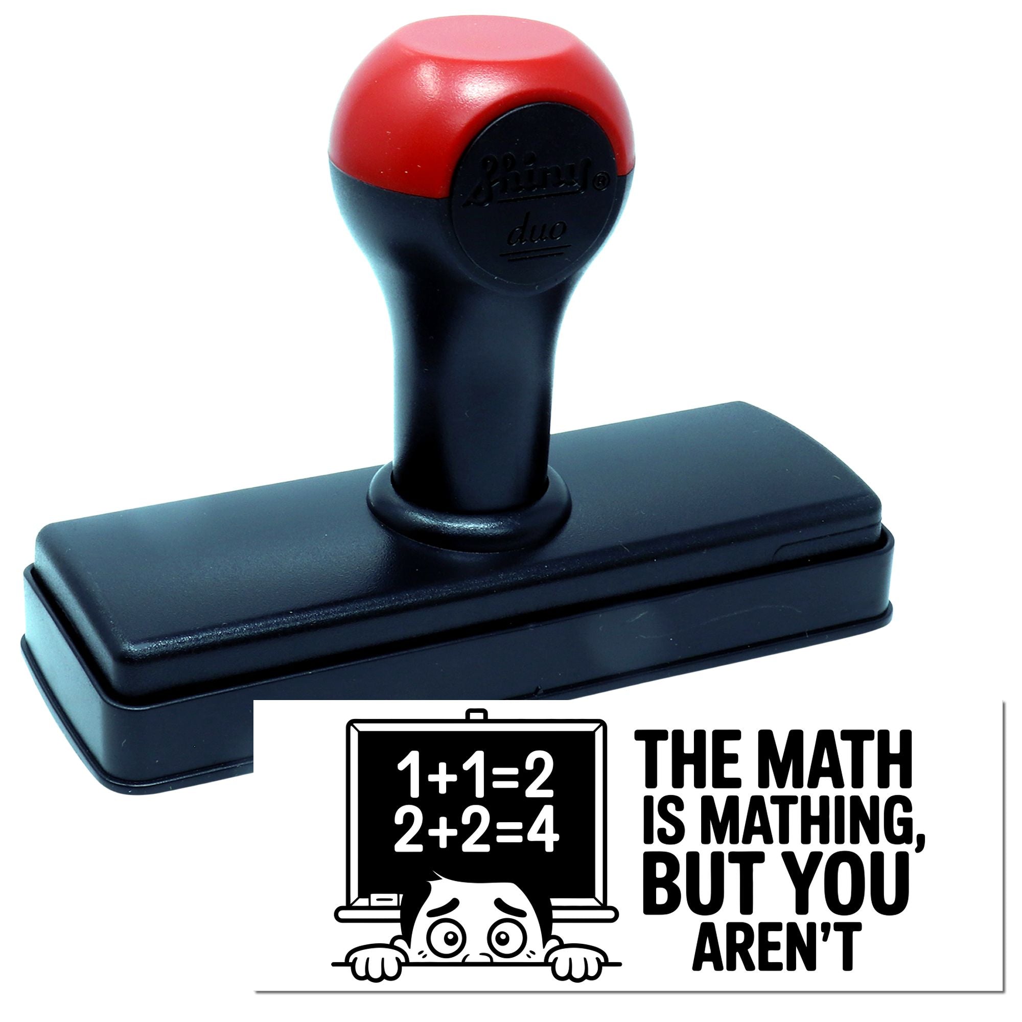 Red and black self-inking stamp and seal with rectangular base, black handle, and math-themed imprint graphic.