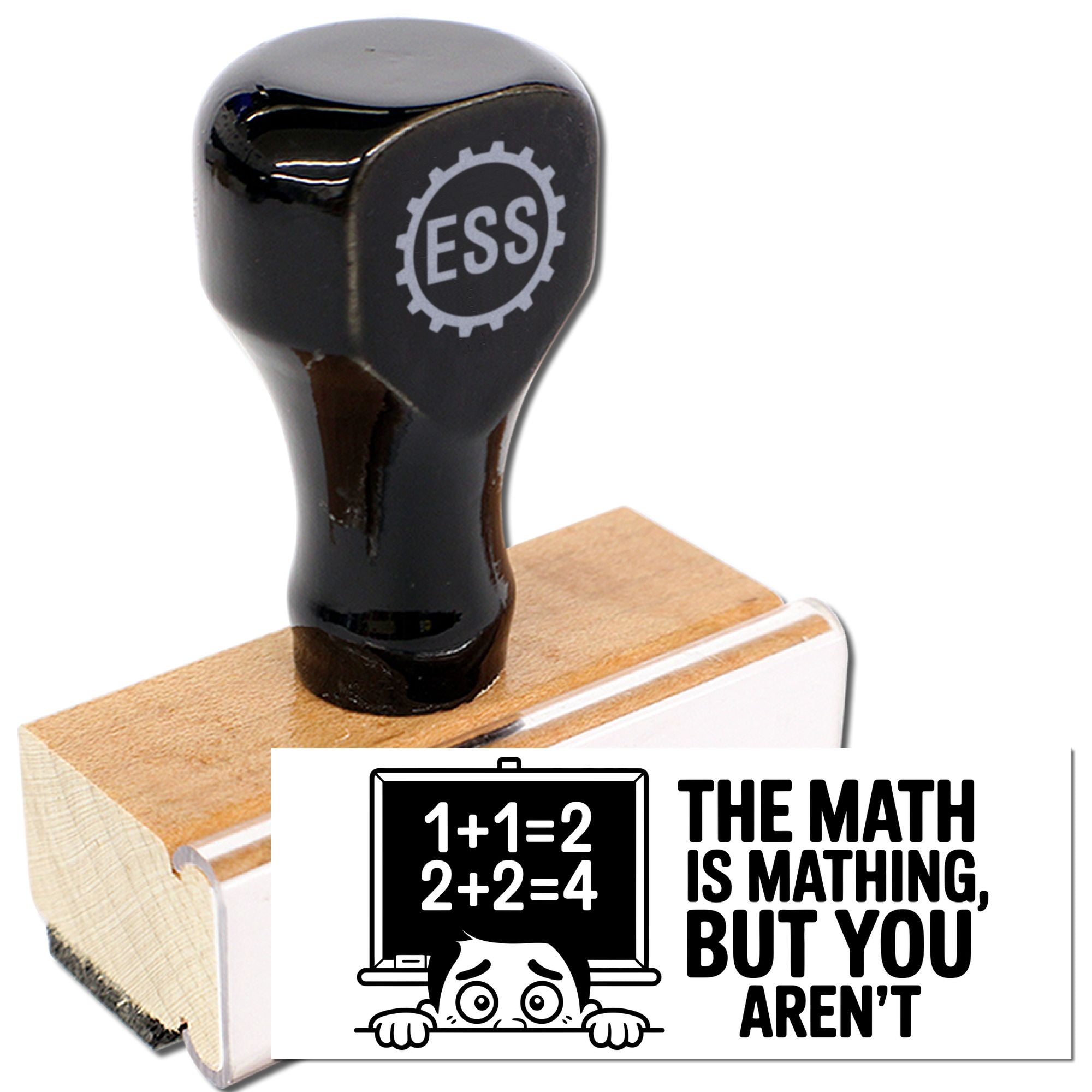 Black ESS stamp and seal on a wooden base, glossy black finish with white logo.