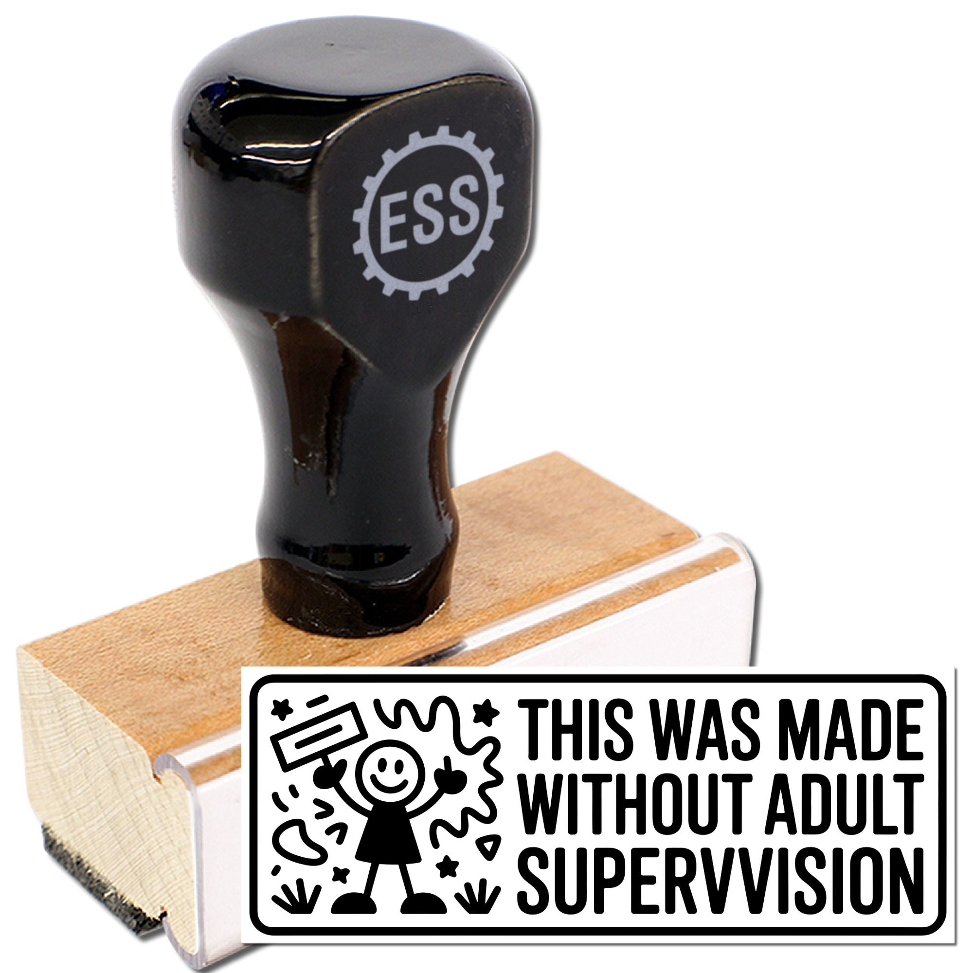 Black self-inking stamp and wooden seal block with THIS WAS MADE WITHOUT ADULT SUPERVISION design on white.