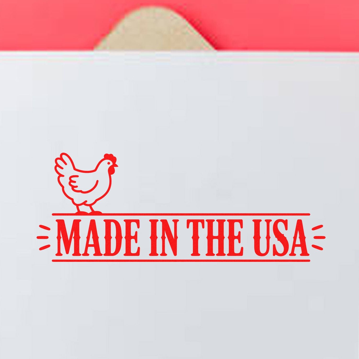 Red Made in the USA stamp seal with chicken icon on white packaging and pink tab