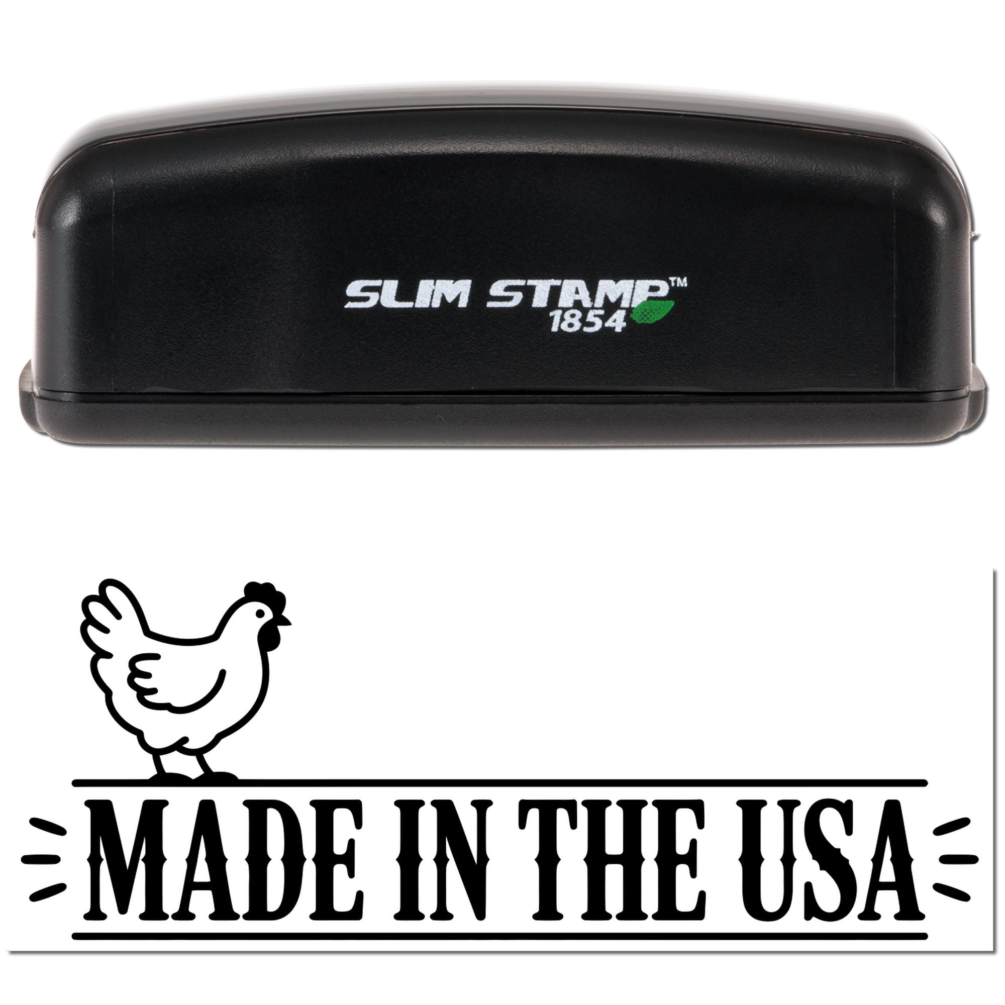 Black Slim Stamp 1854 custom self-inking stamp and seal with chicken logo and Made in the USA text