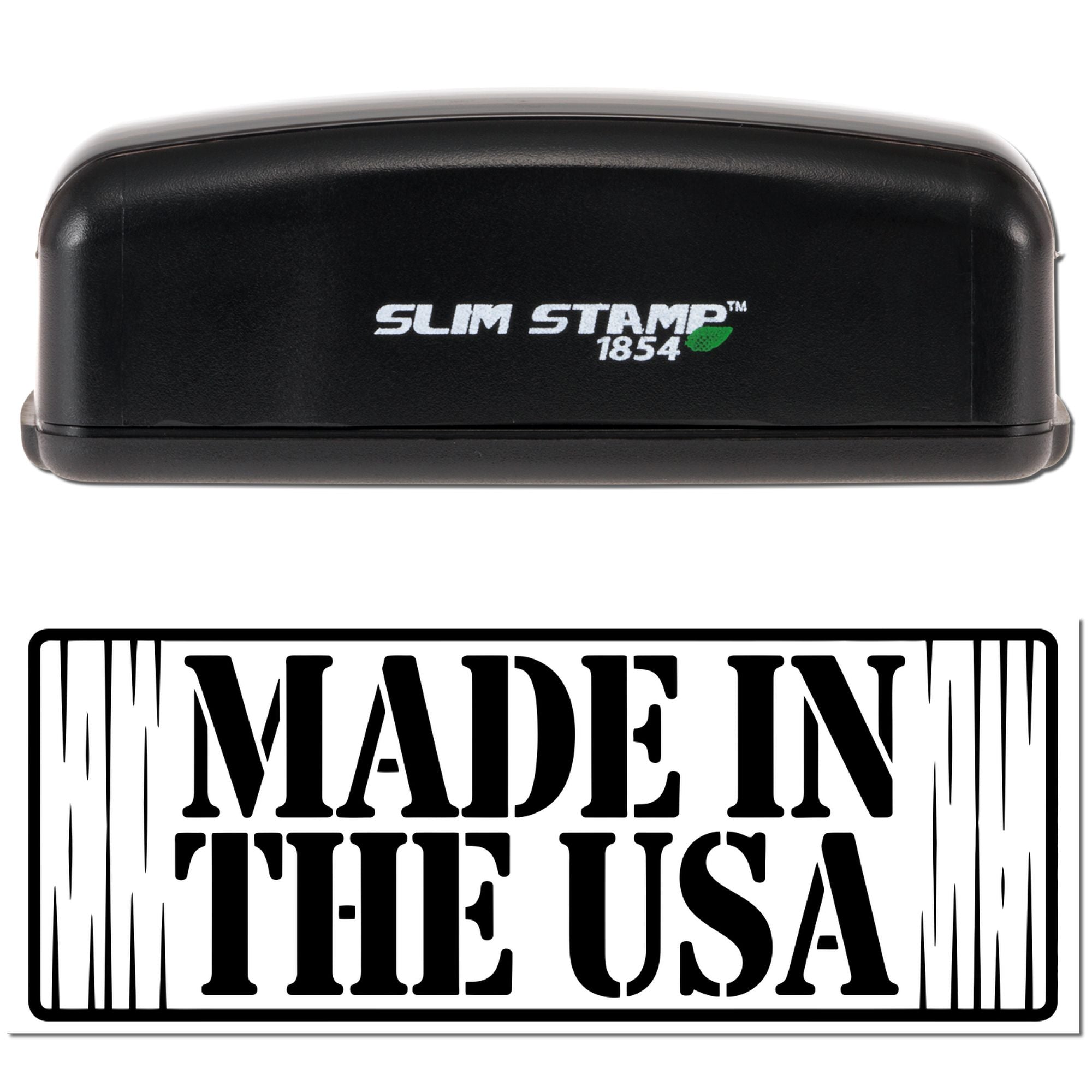 Black Slim Stamp 1854 stamp and seal set with white logo and green accent above a bold MADE IN THE USA seal.