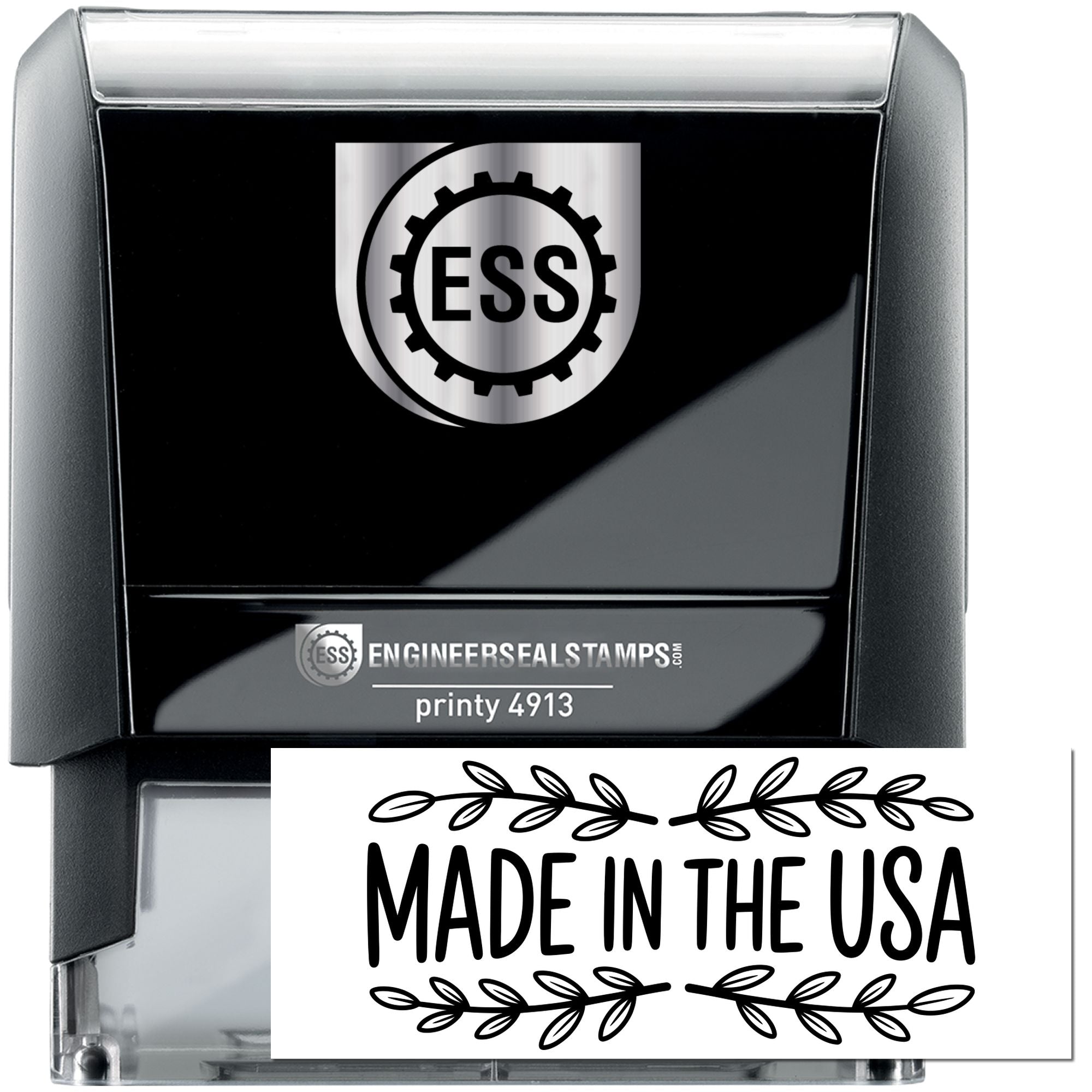 Black self-inking stamp and seal set with silver case, ESS logo, and Made in the USA emblem