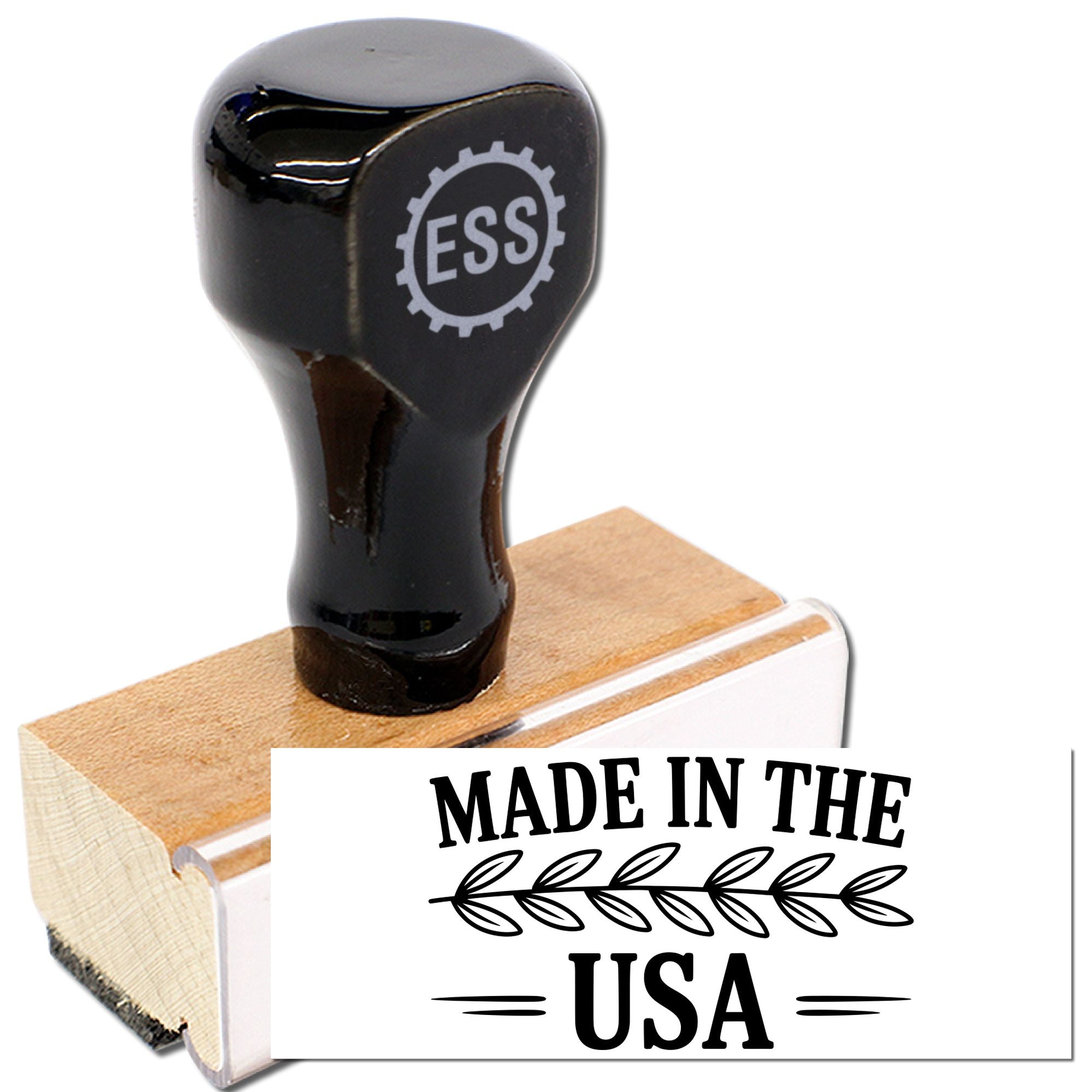 Black ESS rubber stamp with wooden handle and white Made in the USA seal on a wood block