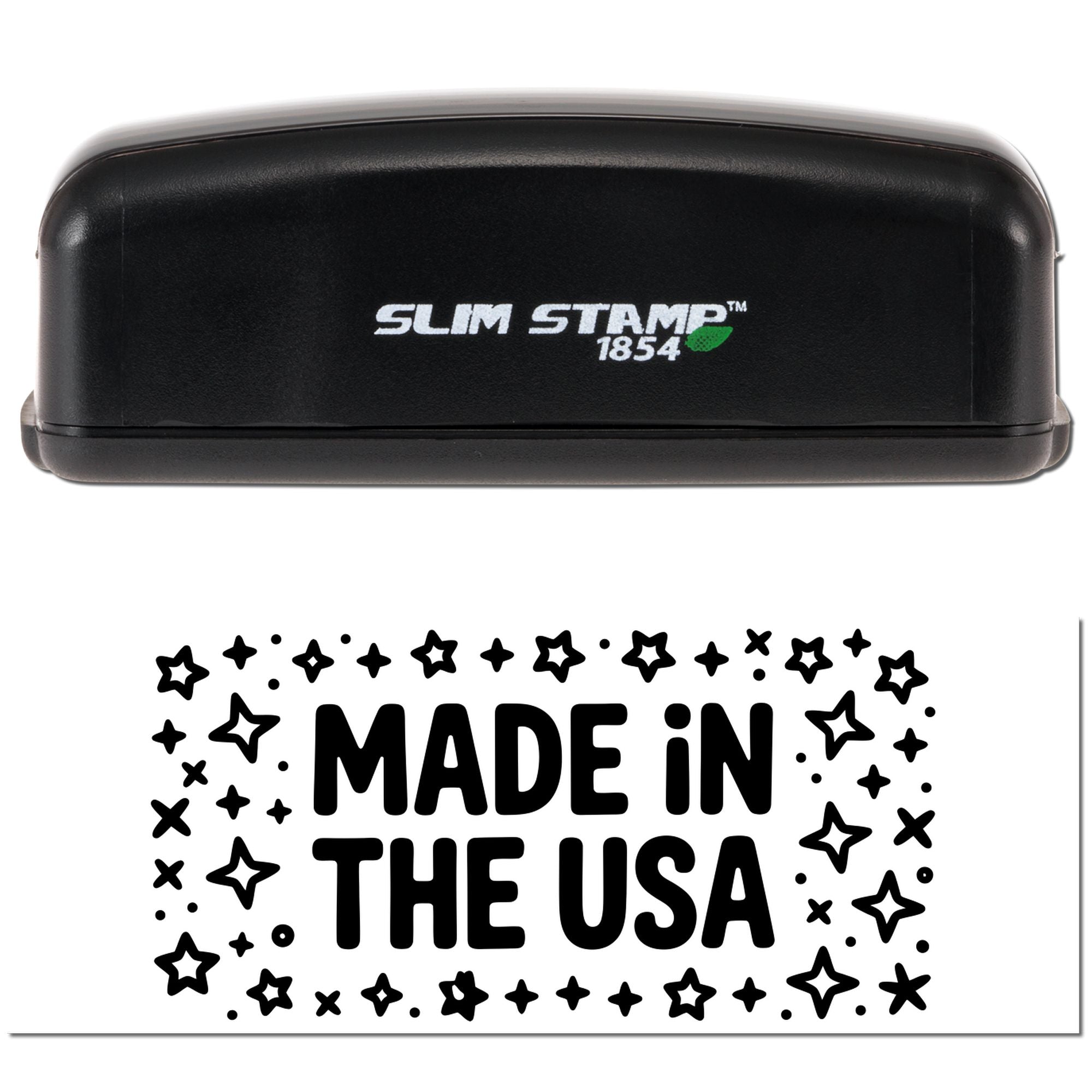 Black Slim Stamp 1854 self-inking stamp and Made in the USA seal graphic in bold black and white.