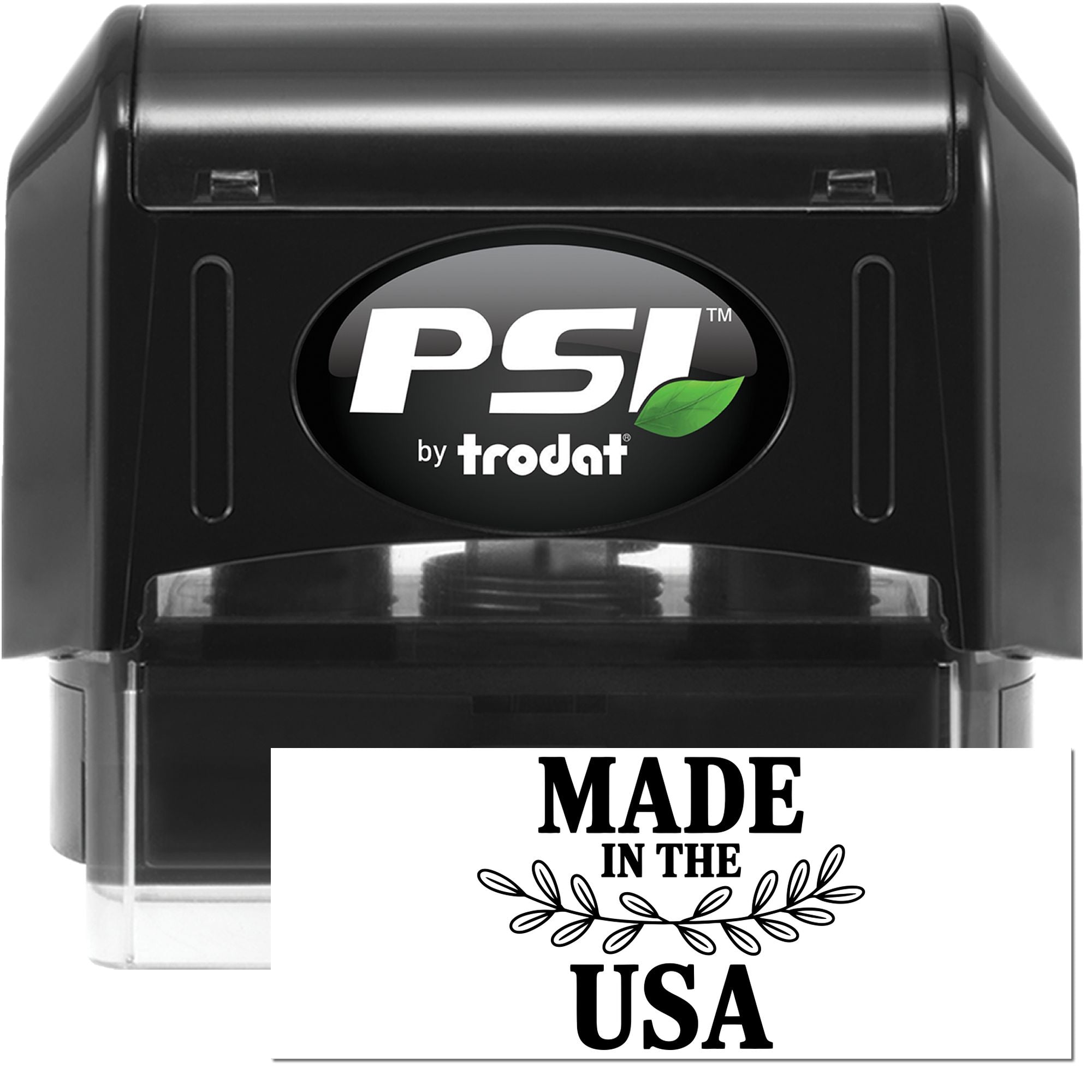Black PSI by Trodat self-inking stamp with green leaf logo and white Made in the USA seal