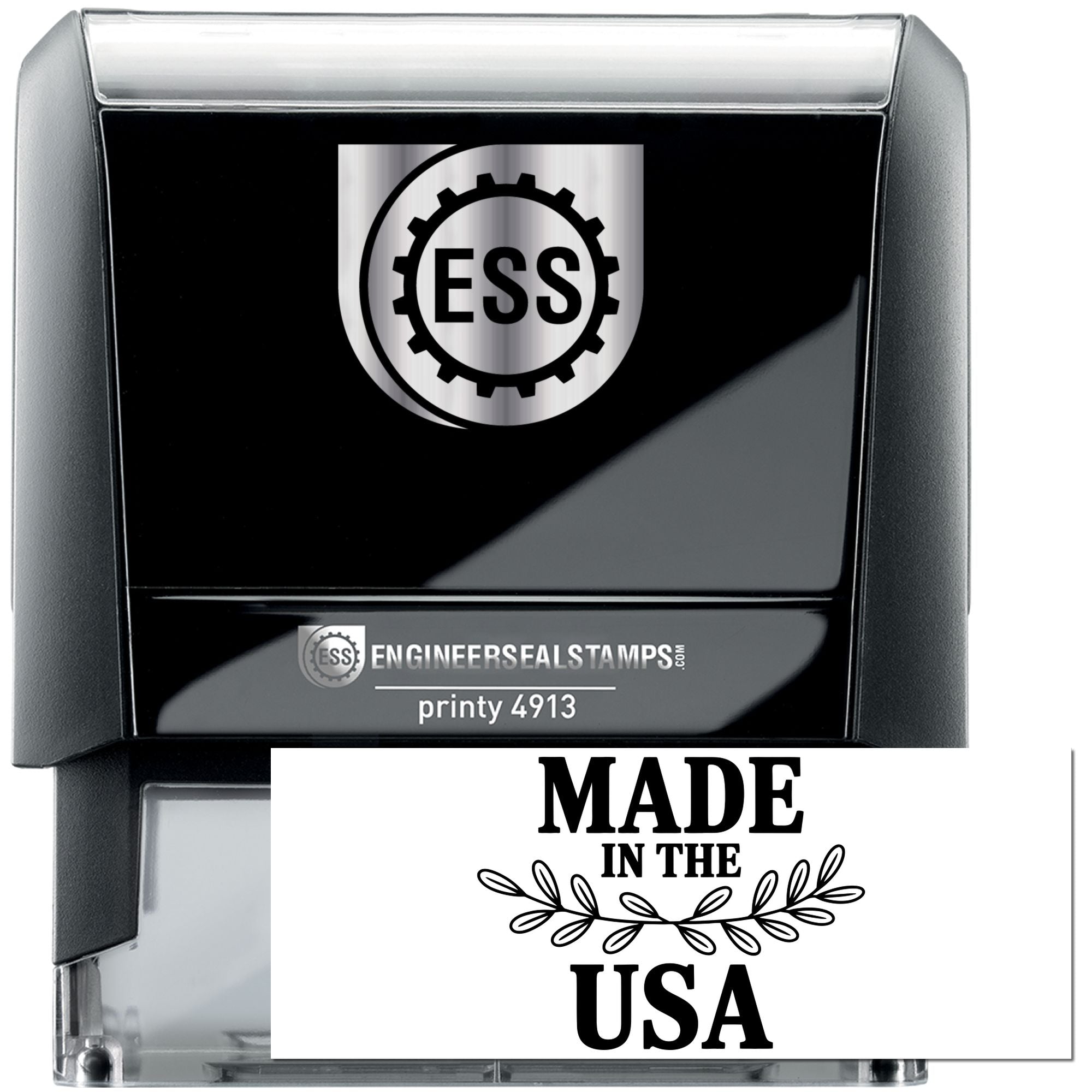 Black self-inking ESS stamp with silver logo, Printy 4913, and white Made in the USA seal
