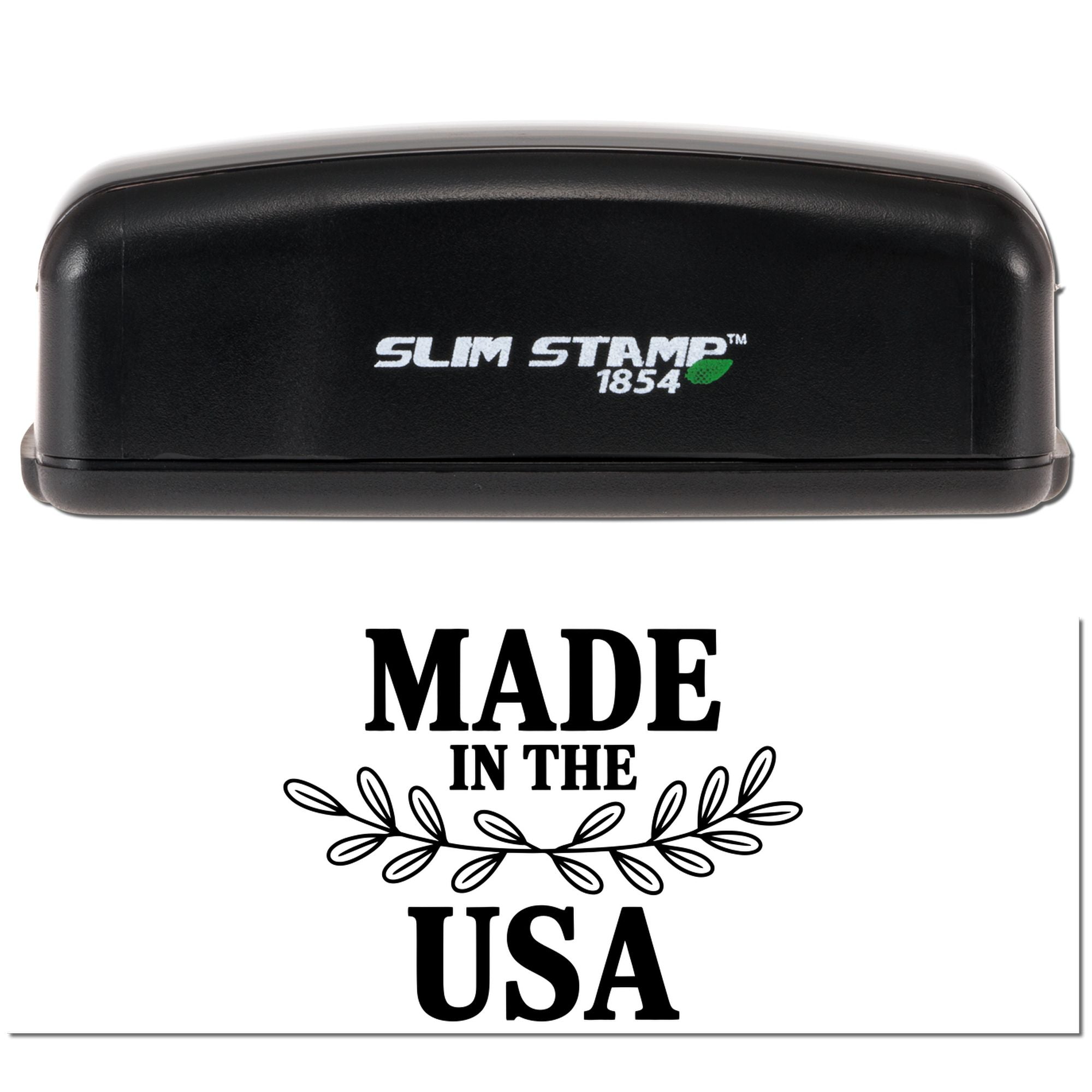 Black Slim Stamp 1854 embossing stamp on white paper with bold Made in the USA text and leaf flourish.