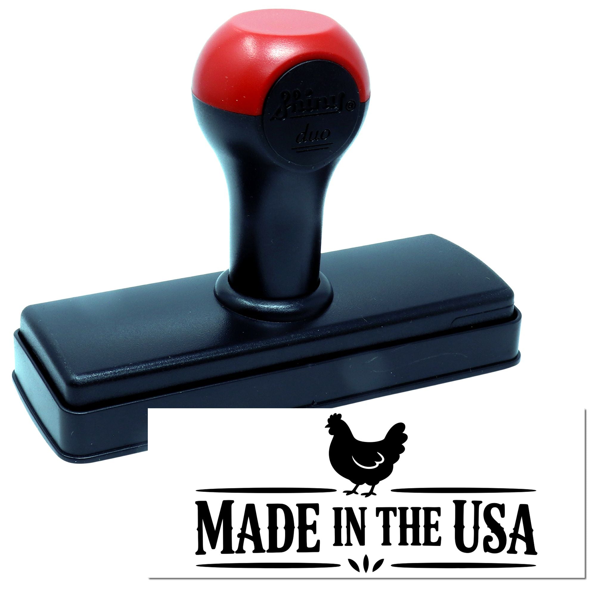 Red and black self-inking stamp and seal with Made in the USA impression and chicken icon.