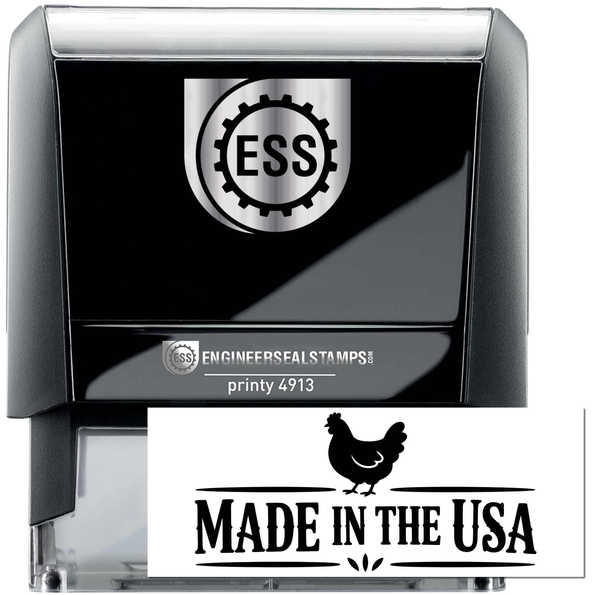 Black self-inking engineer seal stamp with silver ESS logo and Made in the USA marking